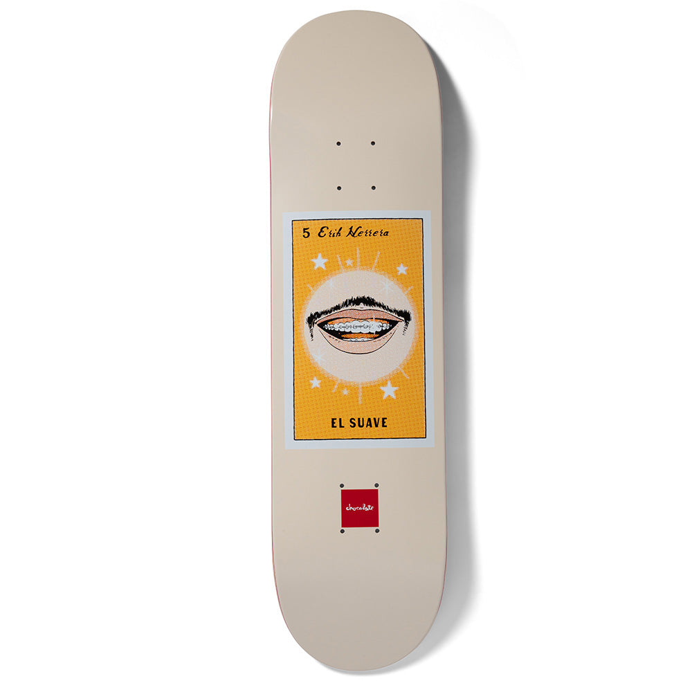 Chocolate Herrera Loteria skateboard deck: A Loteria-style card on a cream deck showing a smiling mouth with a moustache and braces, ringed by stars on an orange panel. The card is numbered and captioned, with a small red Chocolate logo below.