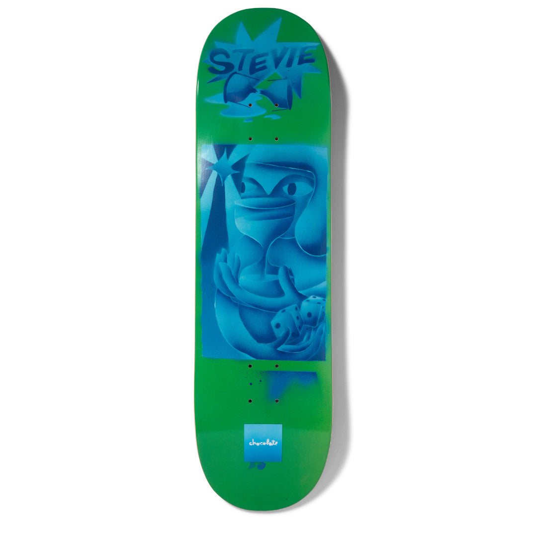 Chocolate Perez JPs World skateboard deck: Airbrushed blue stencil-style artwork of a stylised face holding an hourglass and dice, on a bright green deck. Spiky starburst behind hand-lettered STEVIE at the nose; small Chocolate square logo at the tail.