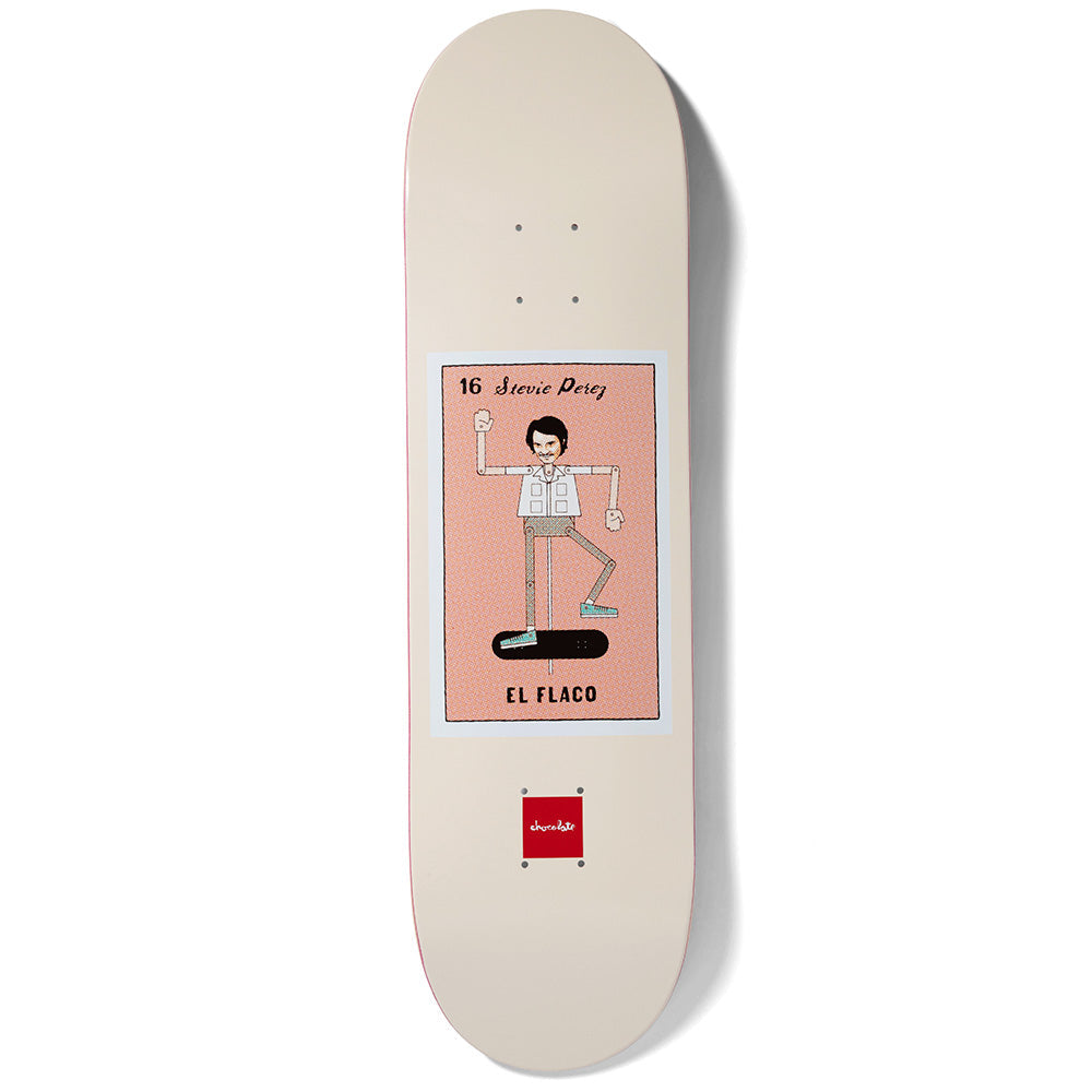 Chocolate Perez Loteria skateboard deck: A Loteria-style card on a cream deck showing a moustached man in a light shirt balancing on one leg on a skateboard on a salmon pink panel. The card is numbered and captioned, with a small red Chocolate logo below.