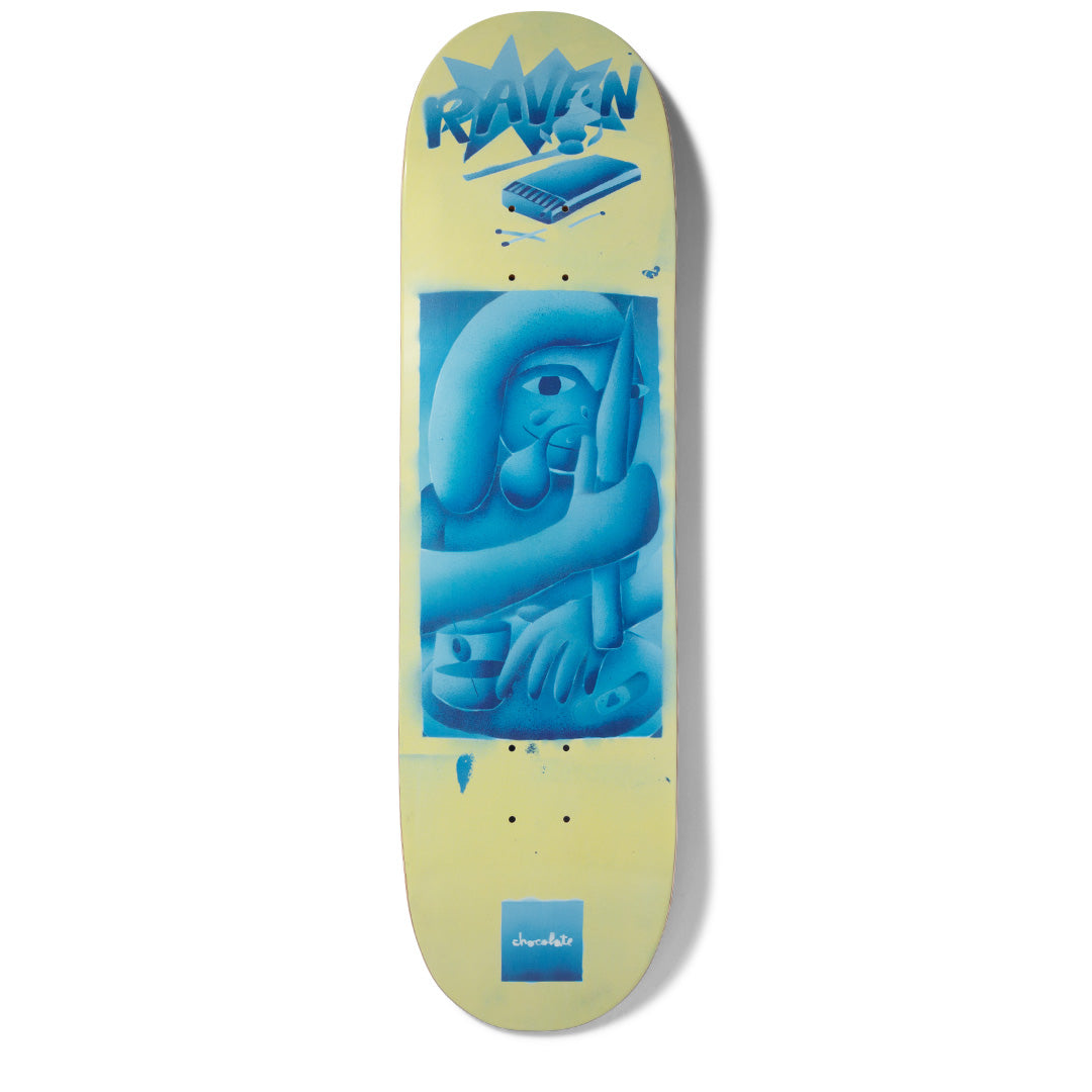 Chocolate Tershy JPs World skateboard deck: Airbrushed blue stencil-style artwork of a stylised figure with a hand and a drinking glass, on a pale yellow deck. A spiky starburst behind hand-lettered RAVEN and a matchbox illustration at the nose; Chocolate square logo at the tail.