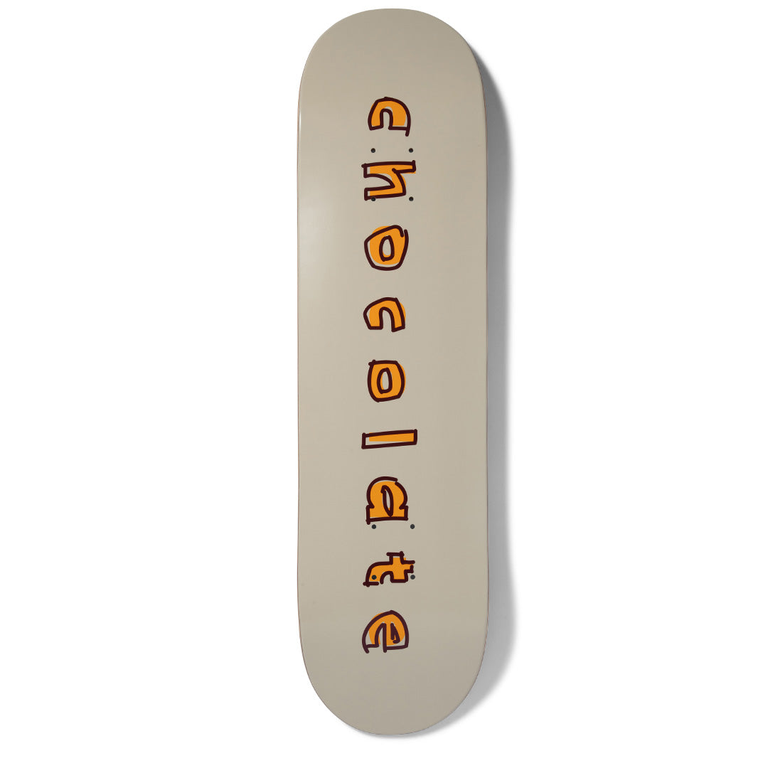 Crailtap Trahan Comic skateboard deck: Wobbly hand-drawn chocolate lettering in orange with dark red outlines running down a plain pale grey-beige deck.