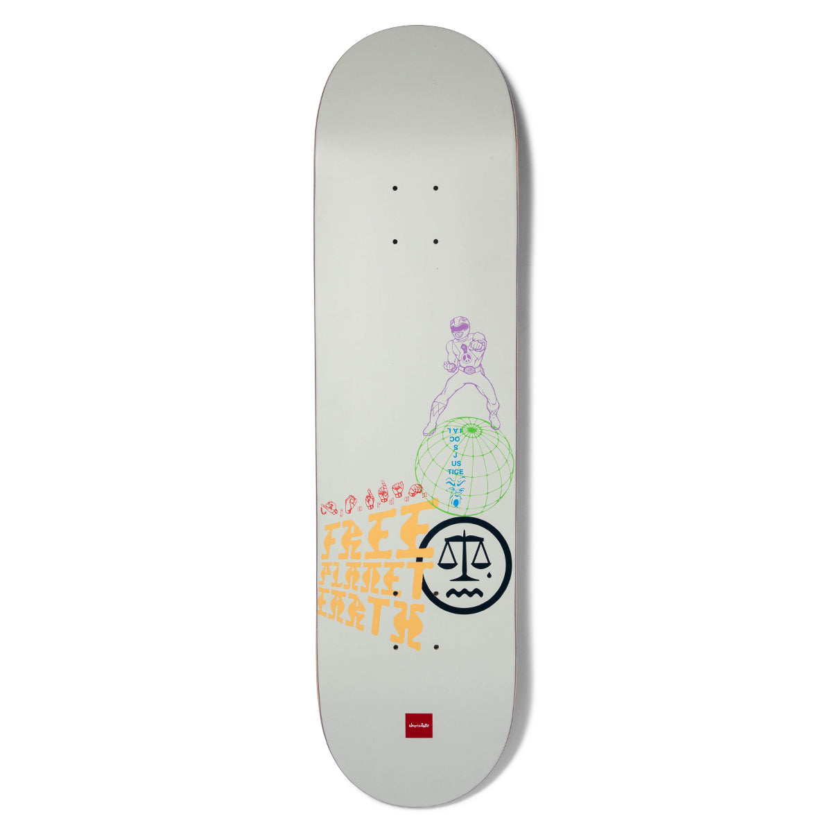 Chocolate Trahan Free Planet Earth skateboard deck: Pale grey deck with thin-line artwork: a purple fighting figure standing on a green globe, a dark scales-of-justice emblem, and slanted orange lettering reading 'Free Planet Earth'. Small red Chocolate logo at the tail.