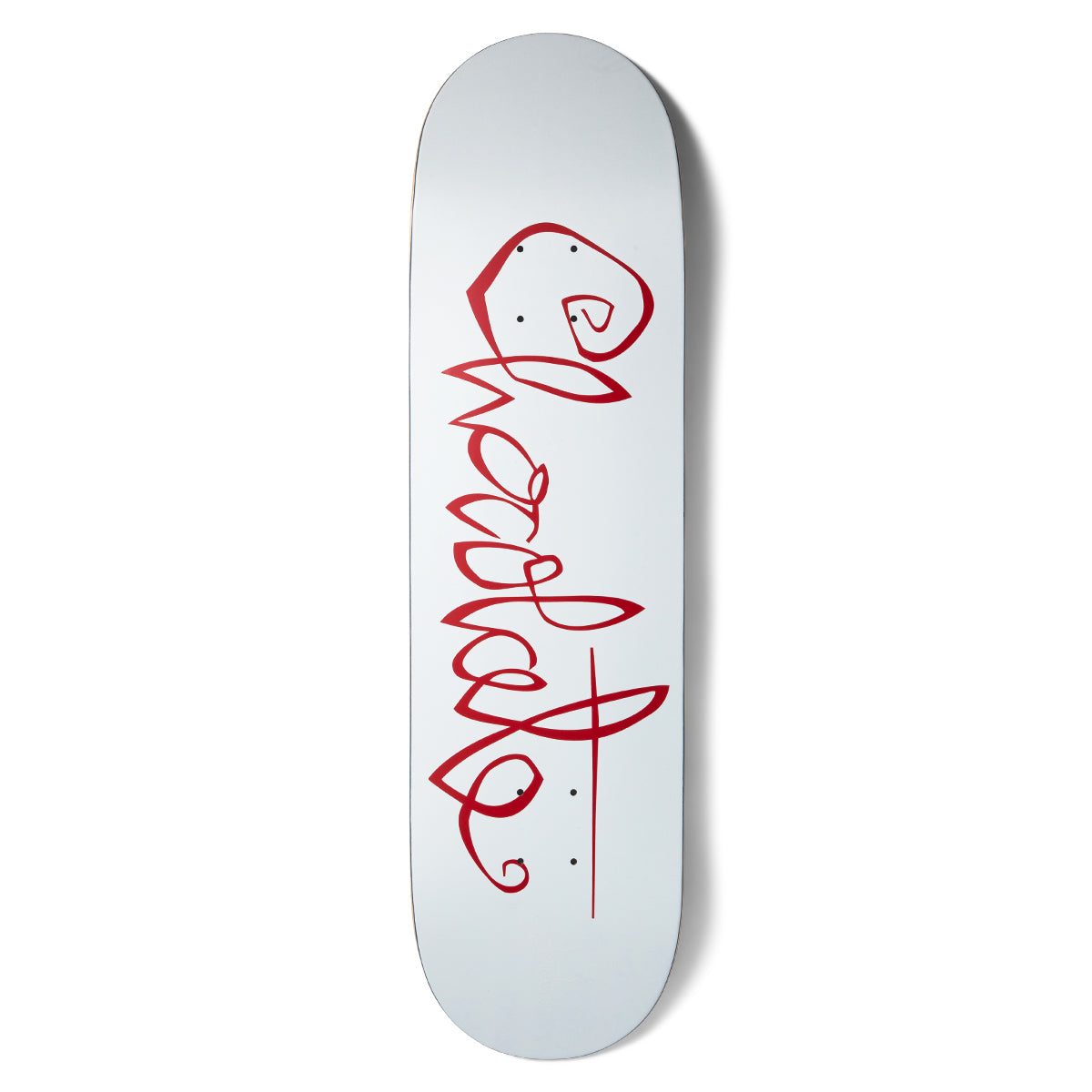 Chocolate Trahan OG Script skateboard deck: White deck with the Chocolate name in large looping red hand-drawn script running down the length of the board.