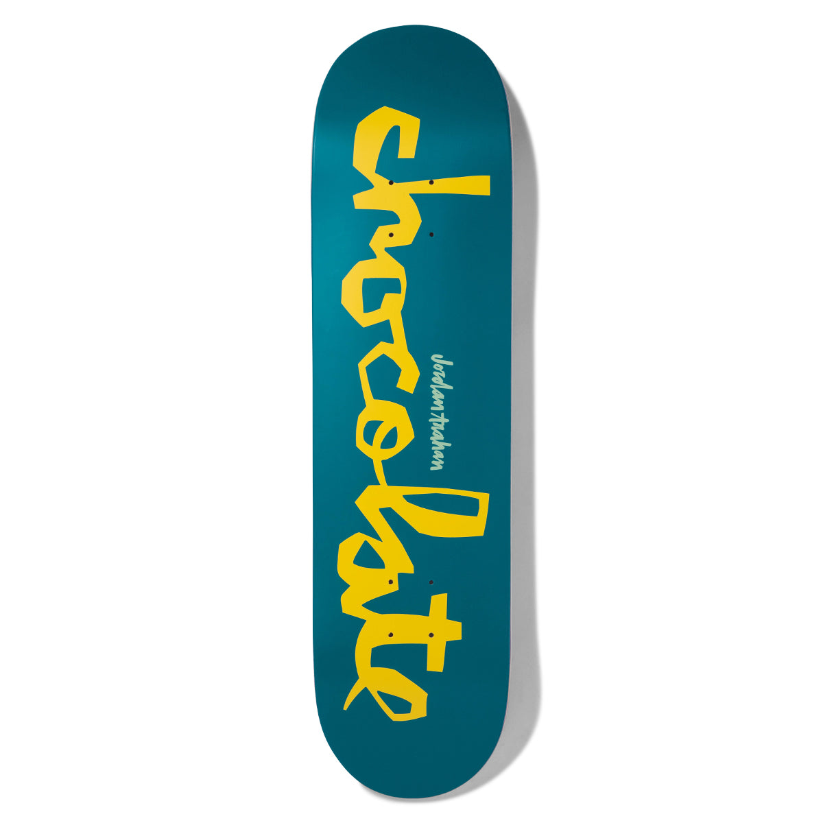 Chocolate Trahan Original Chunk Pop Secret skateboard deck: Yellow chunky Chocolate logo lettering running down a teal deck, with the rider name in small pale text beside it.