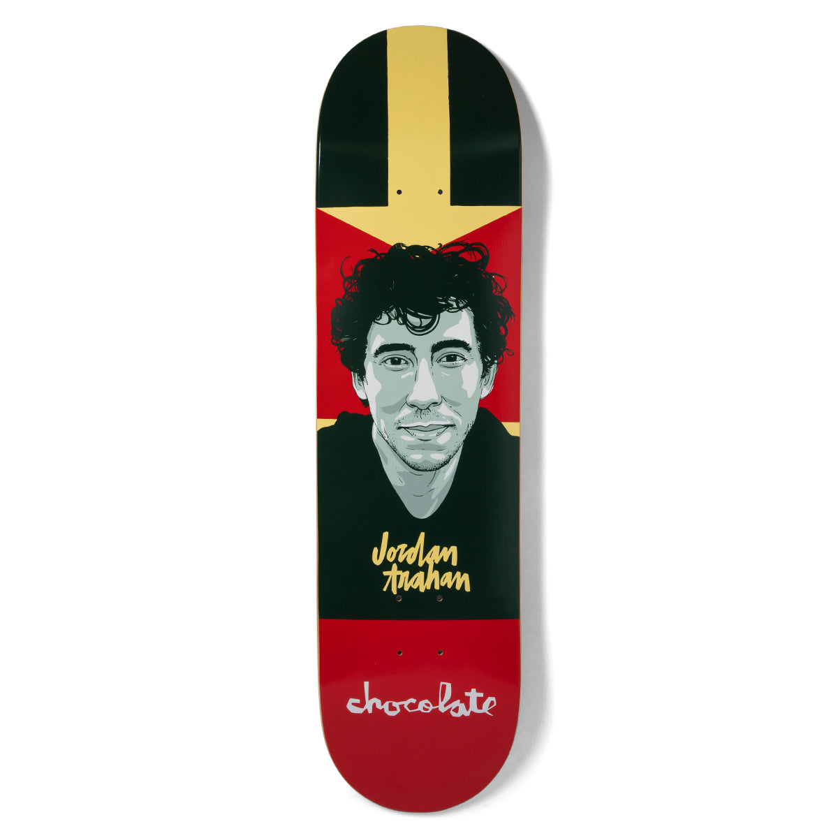 Chocolate Trahan Portrait skateboard deck: Stylised illustrated portrait of a curly-haired young man in grey and black, set against a red field with a yellow cross and star shape. Rider name in yellow brush script and the Chocolate logo in white at the foot.