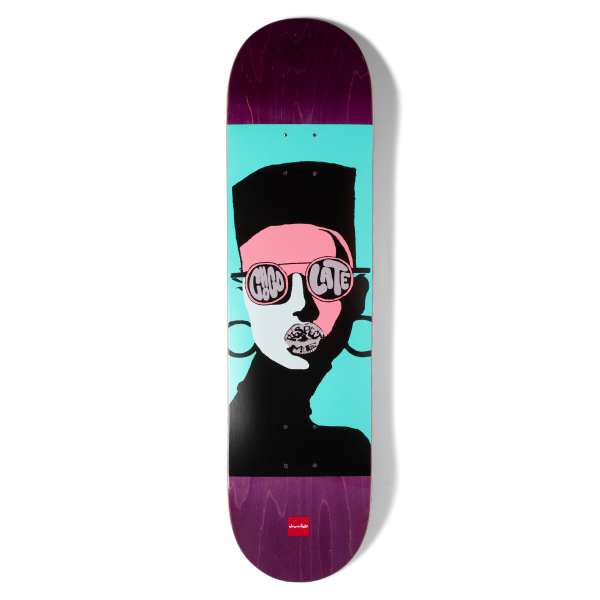 Chocolate Trahan Respect Pop Secret skateboard deck: Bold black, pink and white silhouette of a person with a flat-top hairstyle, round sunglasses and hoop earrings, on a turquoise panel, with Chocolate lettering in the lenses. Purple-stained wood at both ends and a small red Chocolate tag at the tail.