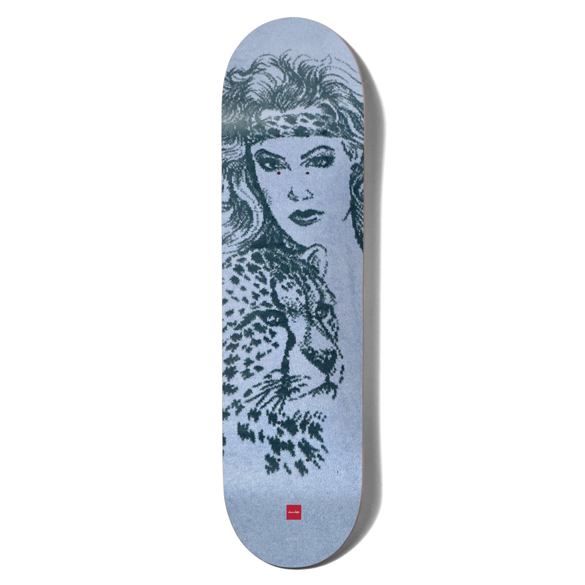 Chocolate Trahan San Choco skateboard deck: Pixelated, halftone-style line portrait of a woman with wavy hair and a leopard-print headband, with a leopard or cheetah in front of her, printed in dark green on pale blue-grey. A small red Chocolate label sits at the tail.