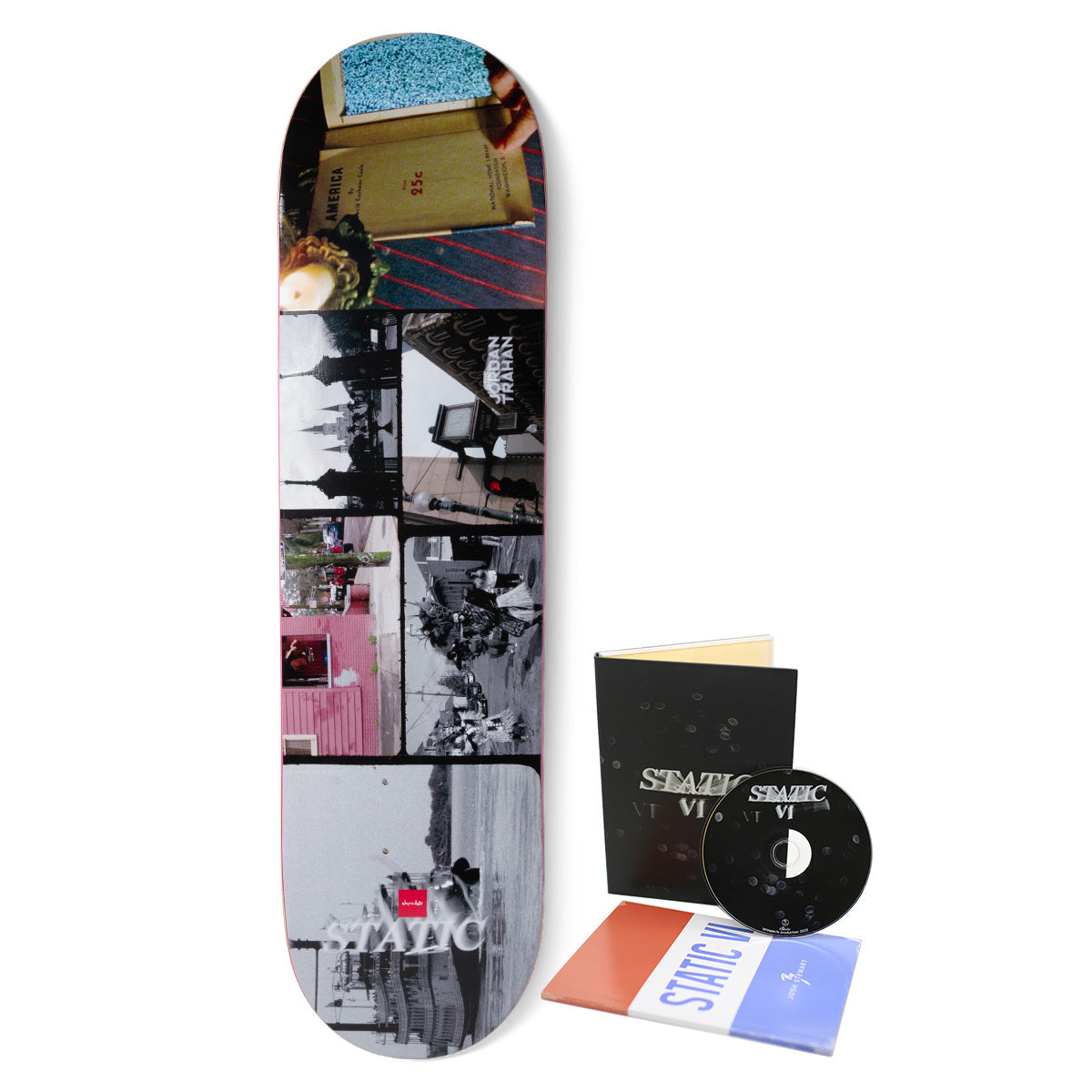 Chocolate Trahan Static VI skateboard deck: Grid of photographic panels, including an open book, candle, pink building, street scenes and a ship, with Jordan Trahan and Static VI lettering. A Static VI DVD case and disc are pictured beside the deck.