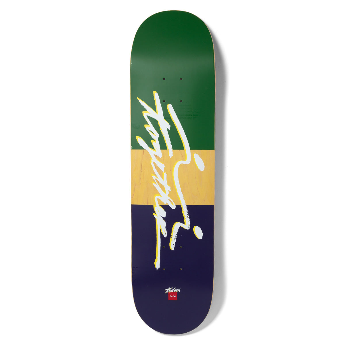 Chocolate Trahan Together skateboard deck: Large white handwritten script reading Together with a yellow shadow, running diagonally across a three-band deck of green, natural wood and navy. A small red Chocolate label and signature sit at the tail.