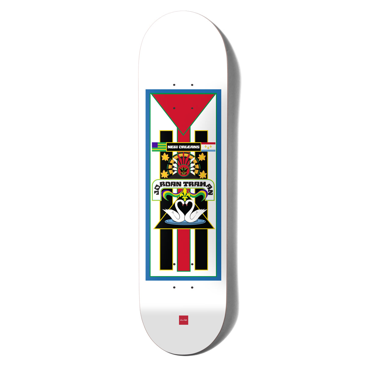 Chocolate Trahan Trajineras skateboard deck: White deck with a tall framed panel of black and red bars under a red inverted triangle. Centre shows a New Orleans banner, small flags, a sun-like emblem and two swans in a triangle, with a scroll reading Jordan Trahan.