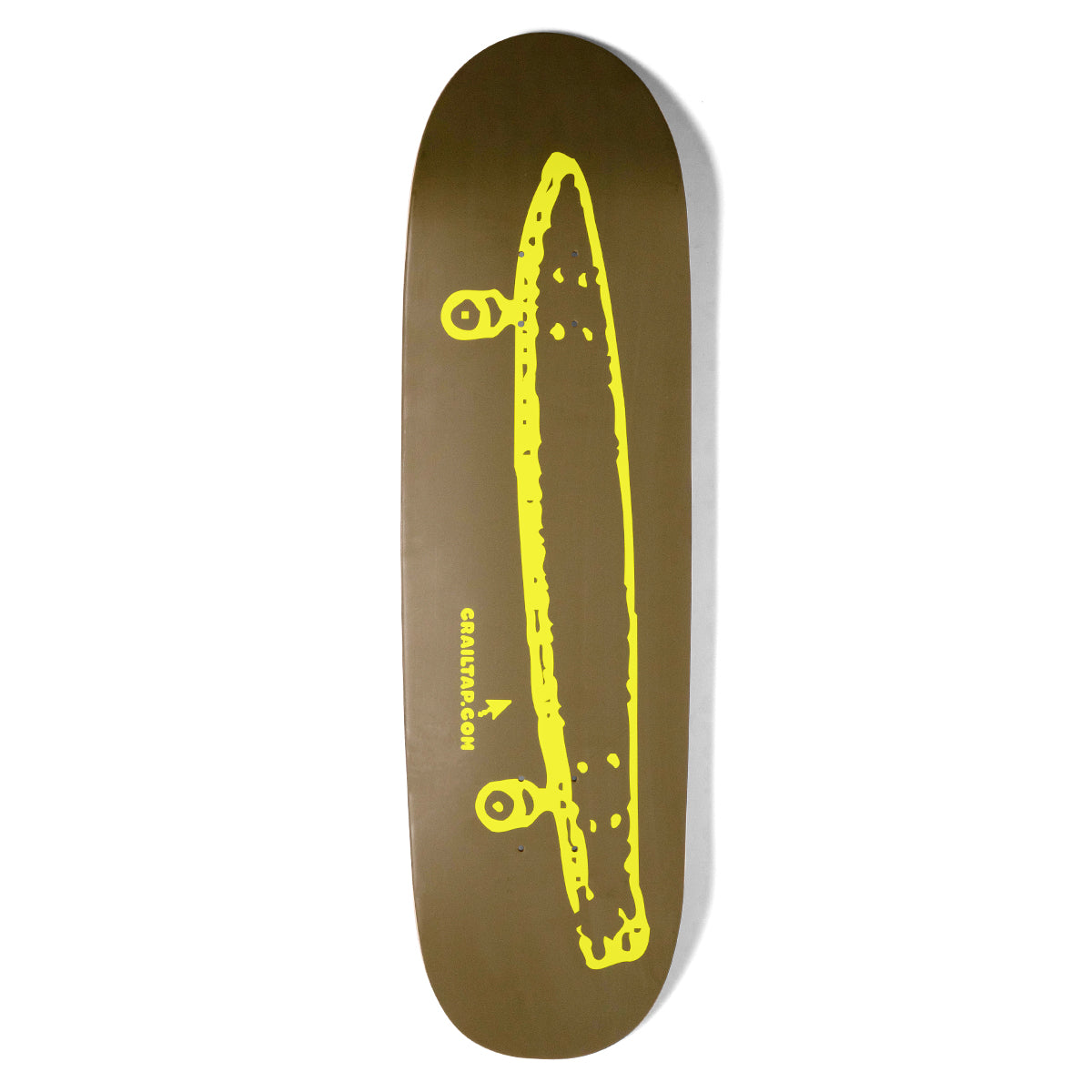 Crailtap Burnt Neon Loveseat skateboard deck: Large rough-drawn yellow outline of a longboard seen from the side with two wheels, centred on a plain olive-brown deck. A small arrow logo and 'CRAILTAP.COM' sit beside the lower wheel.