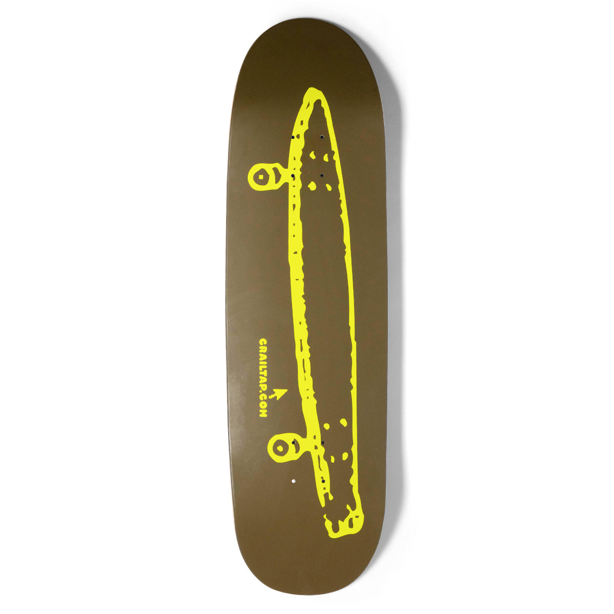 Crailtap Burnt Neon Phawt skateboard deck: Plain olive-brown deck with a rough yellow outline drawing of a long cruiser-style skateboard seen from the side, with two wheels at either end. Small yellow crailtap.com text with an arrow sits at the lower left.