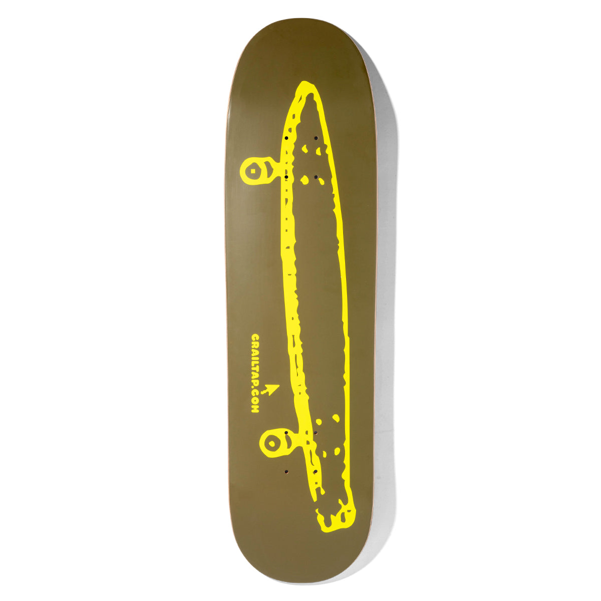 Crailtap Burnt Neon Skidul skateboard deck: Plain olive-brown deck with a rough yellow line drawing of a long skateboard seen from the side, showing its trucks and wheels. Small yellow CRAILTAP.COM lettering with an arrow sits beneath.