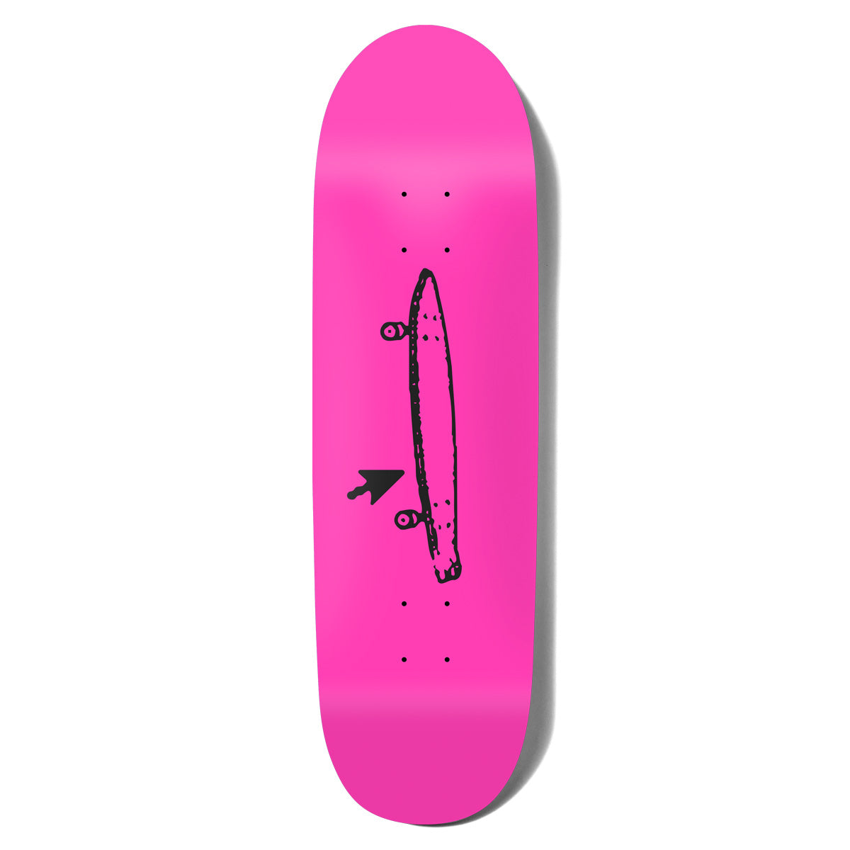 Crailtap Crail Logo Cruiser Loveseat Plus skateboard deck: Plain neon pink deck with a rough black sketch of a longboard seen from the side and a black mouse cursor arrow beside it.
