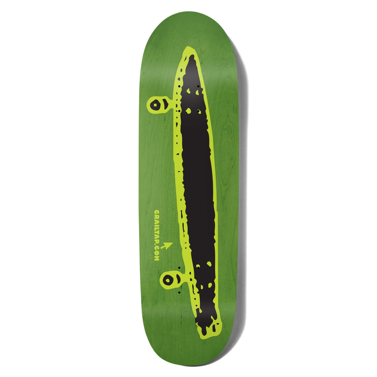 Crailtap Hotrod Cruiser Loveseat Plus skateboard deck: A rough black silhouette of a long cruiser board with outlined lime edge and two cartoon eyed trucks, with 'CRAILTAP.COM' and a small arrow, on a green deck.