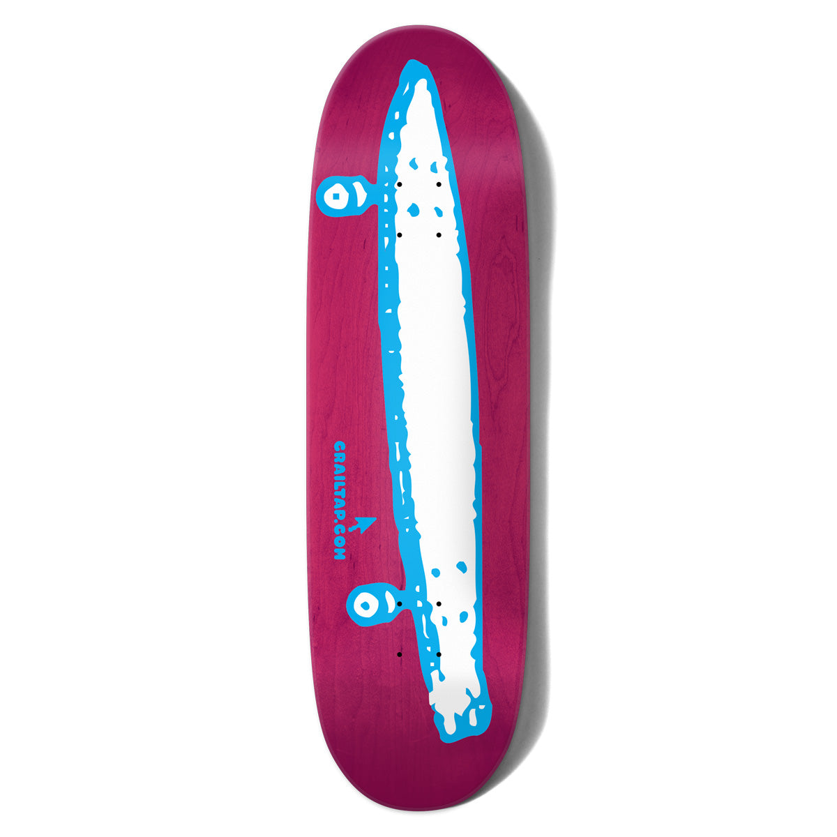 Crailtap Hotrod Cruiser Phawt skateboard deck: Magenta stained deck with a large white naive drawing of a long skateboard outlined in blue, with two cartoon trucks sticking out sideways. 'CRAILTAP.COM' and a small arrow are printed beside it in blue.