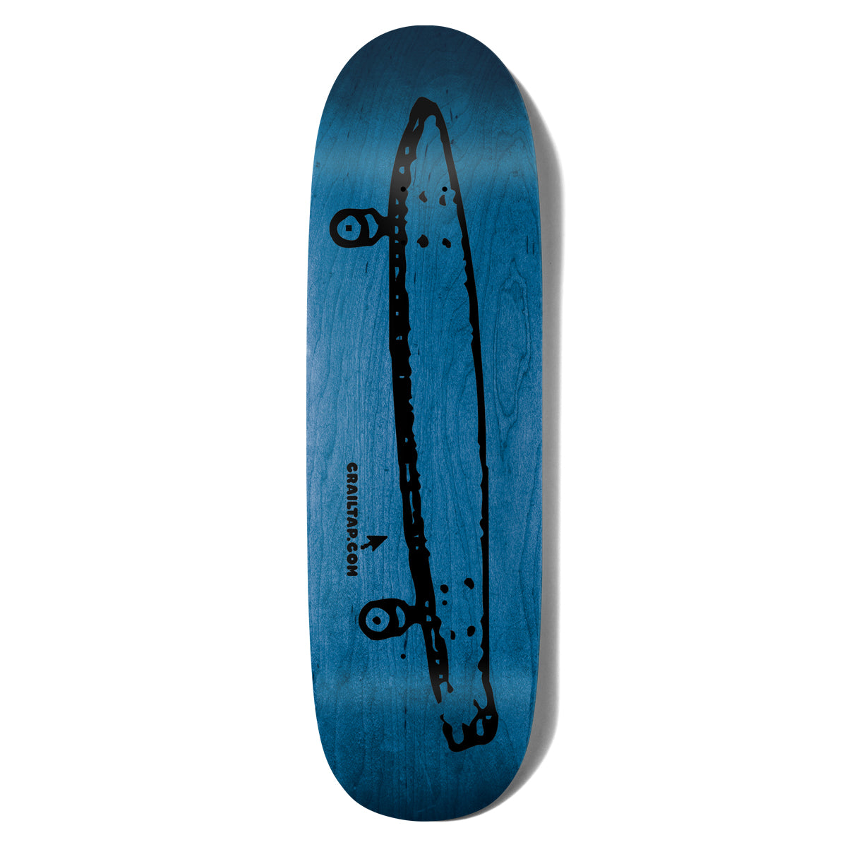 Crailtap Midday Rainbow Couch skateboard deck: Crude black hand-drawn side view of a skateboard with two wheels, printed over a blue-stained wood veneer on a shaped, wide-nose deck. Small arrow points to web address text.