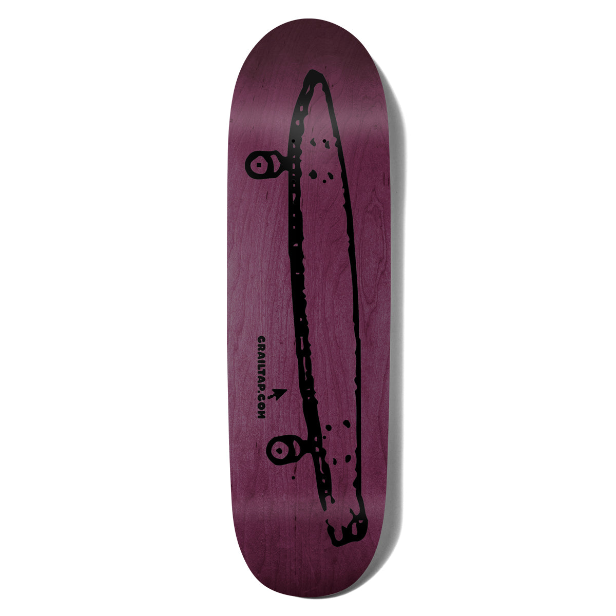 Crailtap Midday Rainbow Loveseat skateboard deck: Rough black print of a side-on skateboard or longboard with two trucks drawn crudely down the length of a purple-stained wooden deck, with the website address and a small arrow beside it.