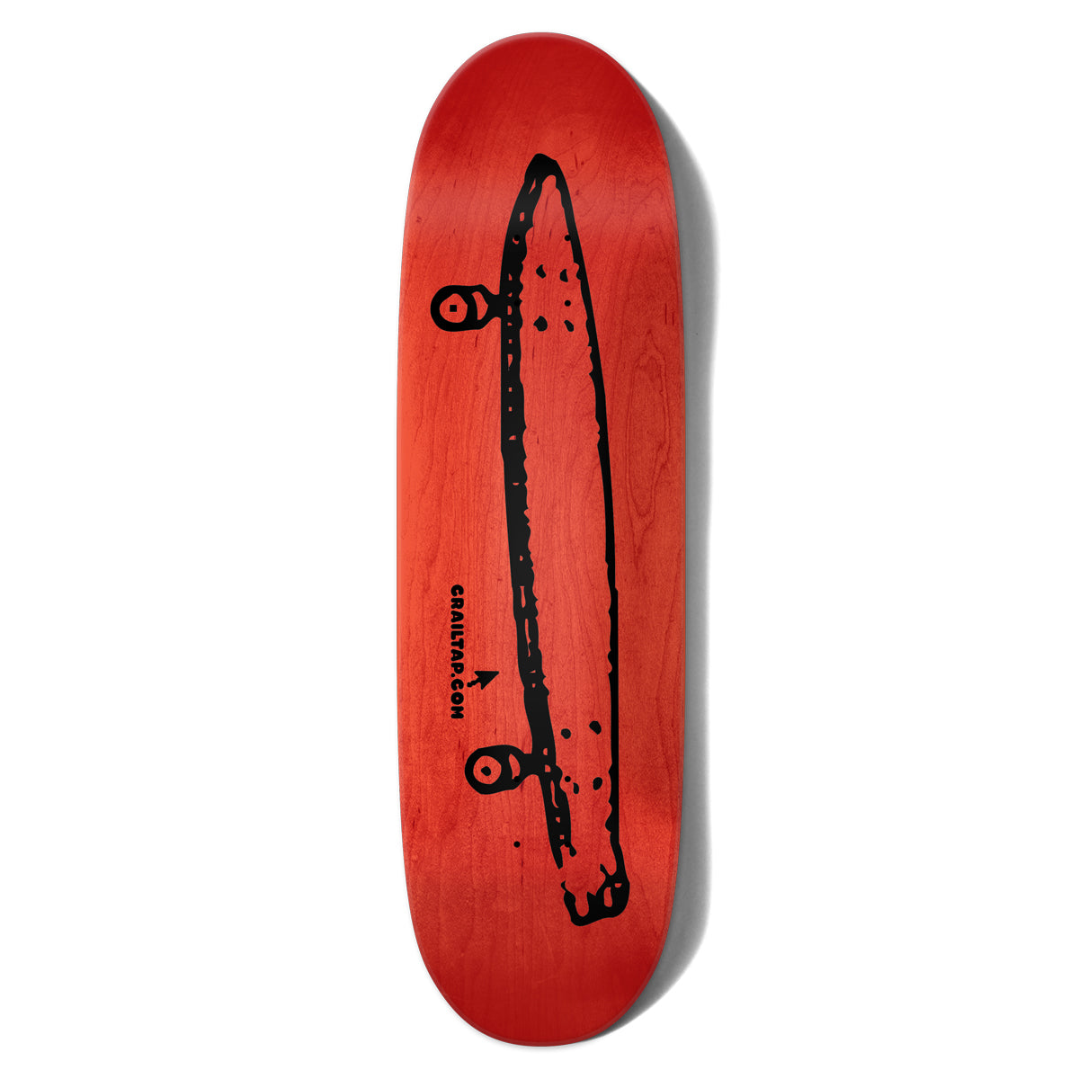 Crailtap Midday Rainbow Phawt skateboard deck: A rough black hand-drawn side view of a longboard with two wheels, printed on a red-stained wood veneer, with a small arrow pointing to the web address.