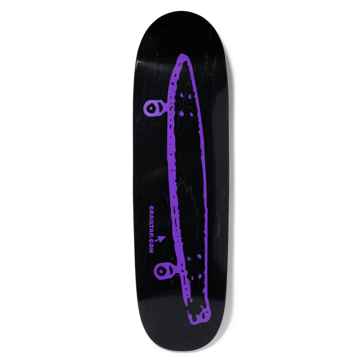 Crailtap Neon Nights Loveseat skateboard deck: Black deck with a rough purple outline drawing of a pintail longboard with two trucks seen side-on, above a small arrow and the text CRAILTAP.COM.