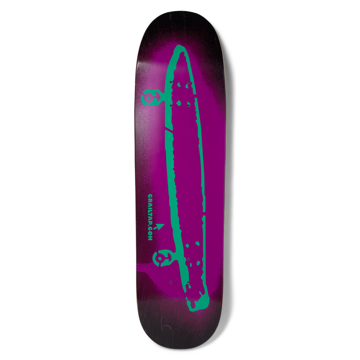 Crailtap Overspray Skidul skateboard deck: A rough, hand-drawn teal outline of a long skateboard-like board with two small figures at its ends, sprayed over a purple airbrushed glow on a dark ground. Small text and an arrow sit near the bottom.