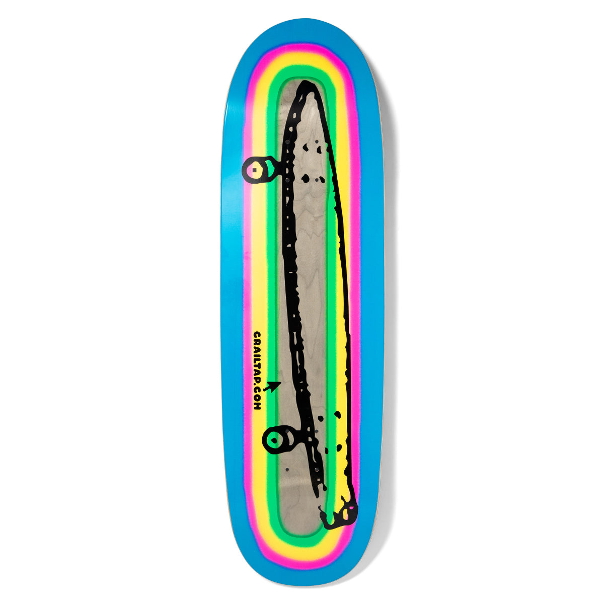 Crailtap Spraynbow Couch skateboard deck: Rough black-outline drawing of a skateboard seen side-on, with a Crailtap.com web address and an arrow, inside concentric airbrushed rainbow rings of yellow, green, pink and blue on a rounded shaped deck.