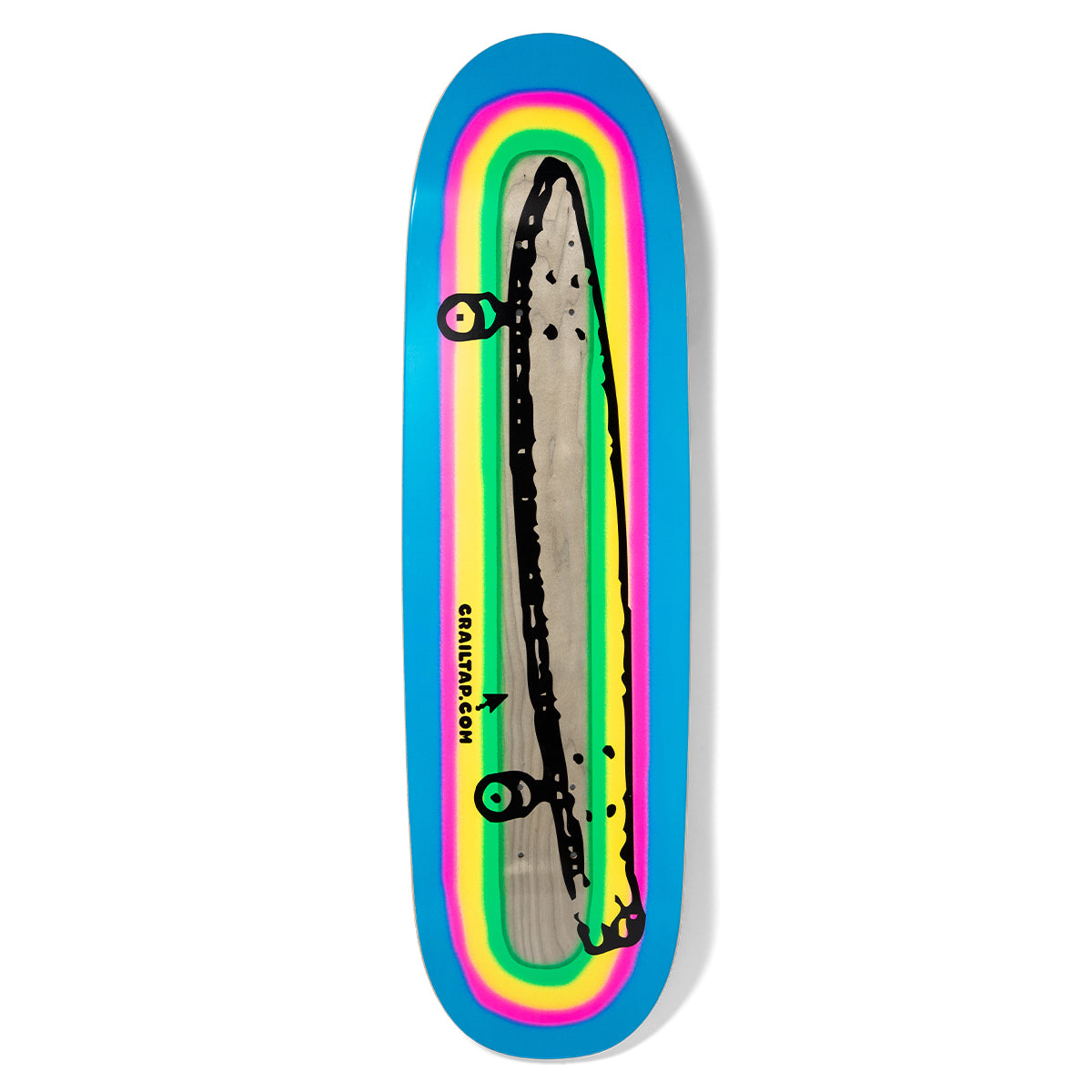 Crailtap Spraynbow Phawt skateboard deck: A rough black drawing of a skateboard seen from the side, with big round wheels, on a rainbow-gradient stripe fade of yellow, green, pink and blue. Small 'crailtap.com' text with an arrow beside it. Shaped deck with round nose.
