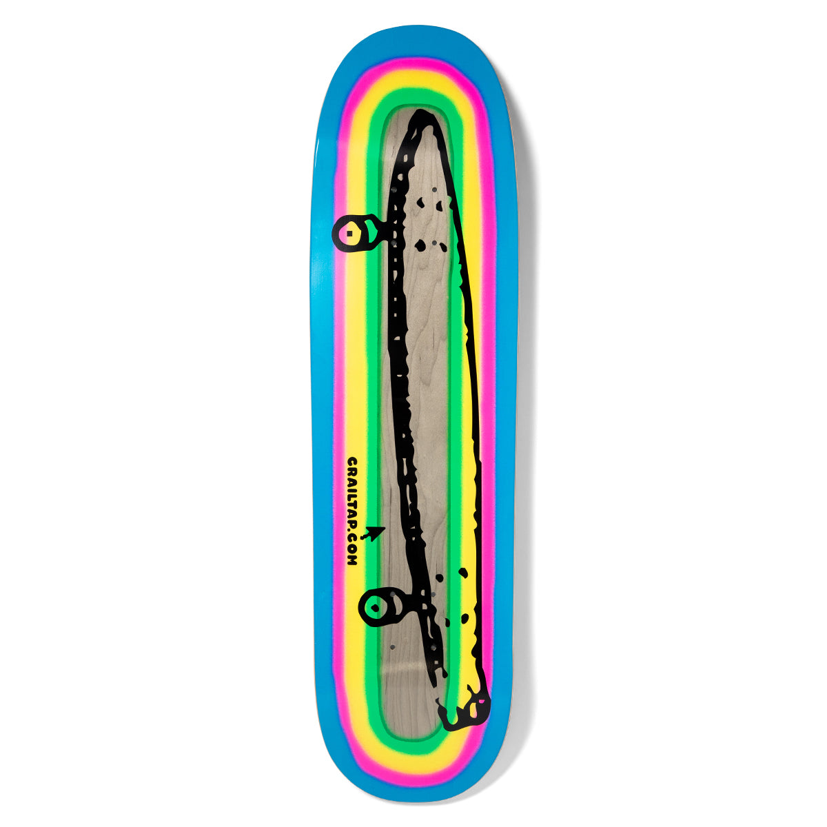 Crailtap Spraynbow Skidul skateboard deck: Black hand-drawn outline of a skateboard seen from the side, with two wheels, over natural bare wood. Concentric airbrushed rainbow bands of yellow, green, pink and blue surround it, with small crailtap.com text and an arrow.