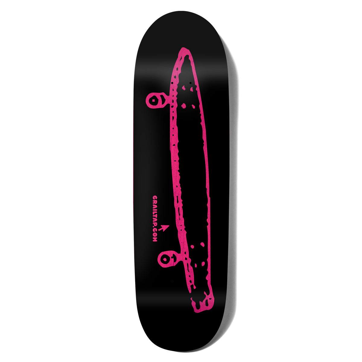 Crailtap Stinky Pink Black Loveseat skateboard deck: Crude hot-pink drawing of a longboard-style skateboard seen from the side with wheels, over a web address, on a black deck.
