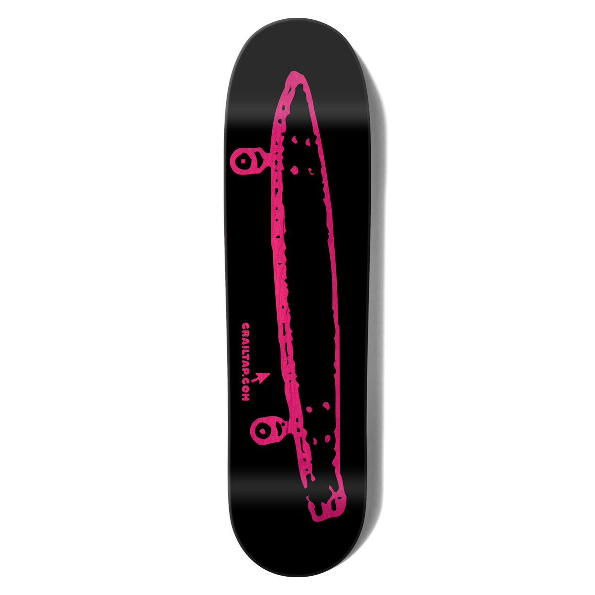 Crailtap Stinky Pink Black Skidul skateboard deck: Rough pink hand-drawn outline of a longboard-style skateboard seen from the side, with two small wheels, on a plain black deck. Small pink crailtap.com text and arrow sit below the centre.