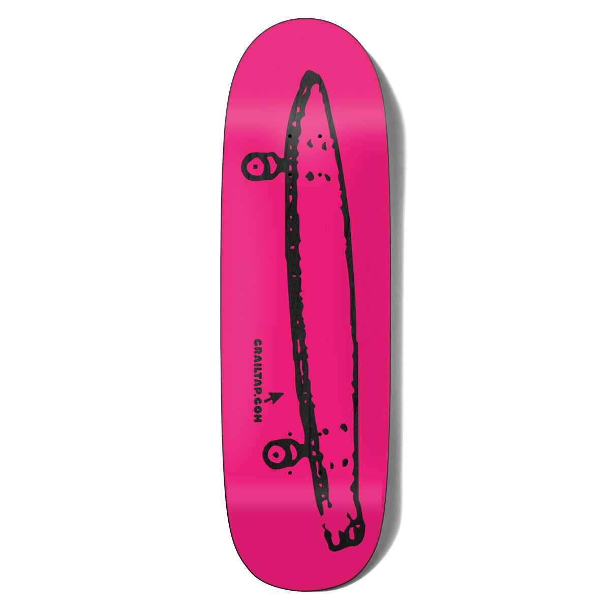 Crailtap Stinky Pink Couch skateboard deck: Bright pink deck with a rough black hand-drawn side view of a skateboard with two wheels, and small CRAILTAP.COM text with an arrow beneath it.