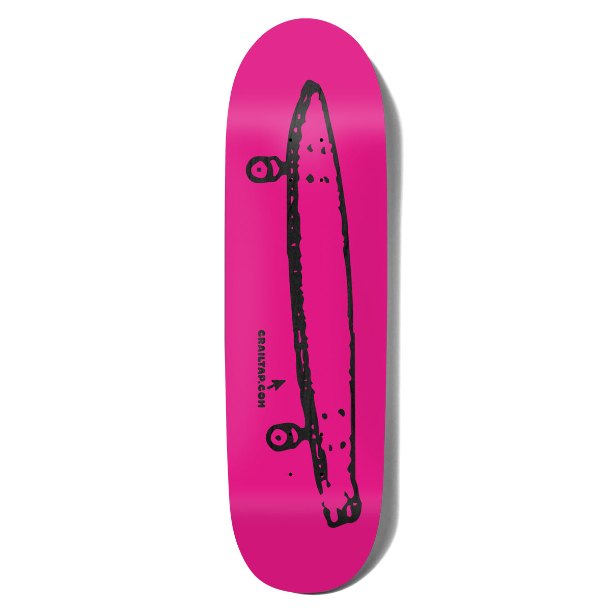 Crailtap Stinky Pink Loveseat skateboard deck: Hot pink deck with a rough black hand-drawn side-on sketch of a longboard-style skateboard with two trucks. Black CRAILTAP.COM lettering with a small arrow sits beneath.