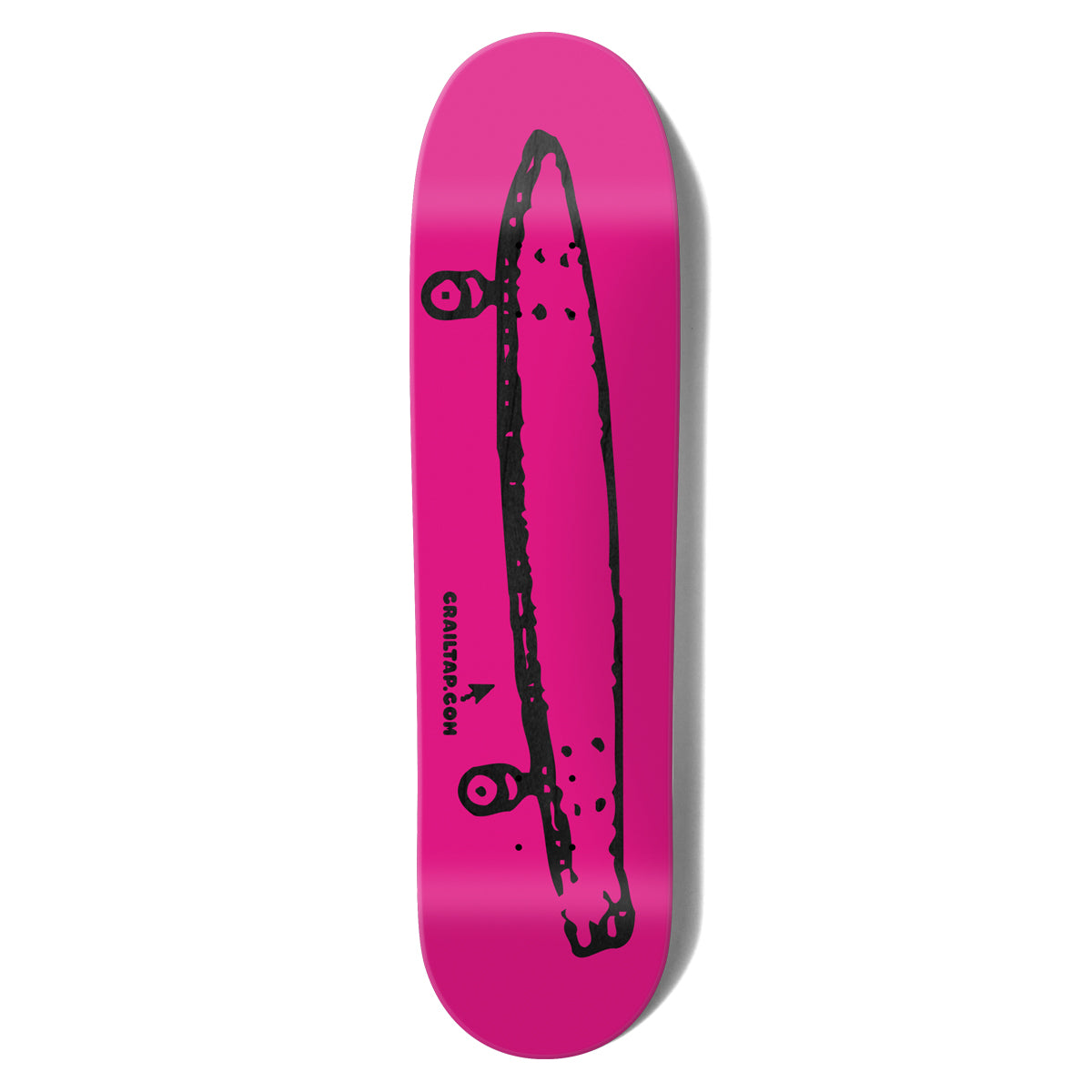 Crailtap Stinky Pink Skidul skateboard deck: Crude black line drawing of a skateboard seen from the side, with oversized wheels, on a flat hot pink deck, with the website address and a small arrow.