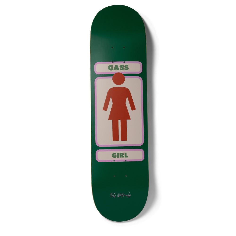 Girl Gass 93 Naturals skateboard deck: Girl logo in red-brown: a female pictogram in a cream panel with pink border, with rider name in a bar above and GIRL in a bar below. Plain dark green deck with small script text at the tail.