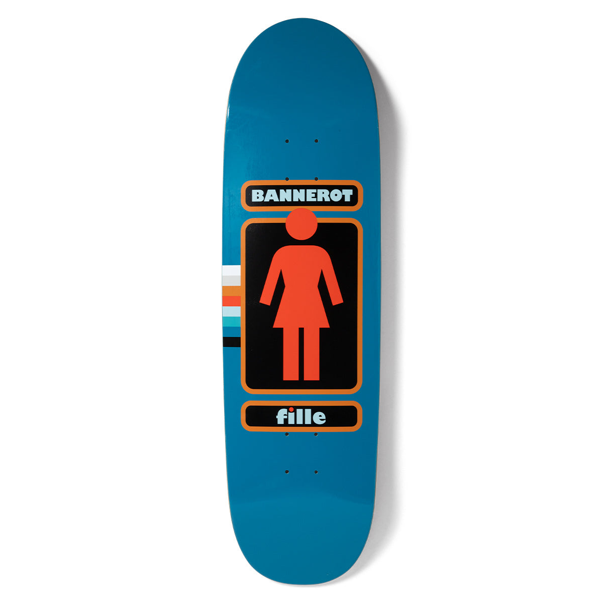 Girl Bannerot 93 Til Loveseat Plus skateboard deck: Girl logo with a red-orange female pictogram in a black rounded panel, with the rider's name above and 'fille' below, and a stripe motif at the left edge. Shaped deck in teal blue.