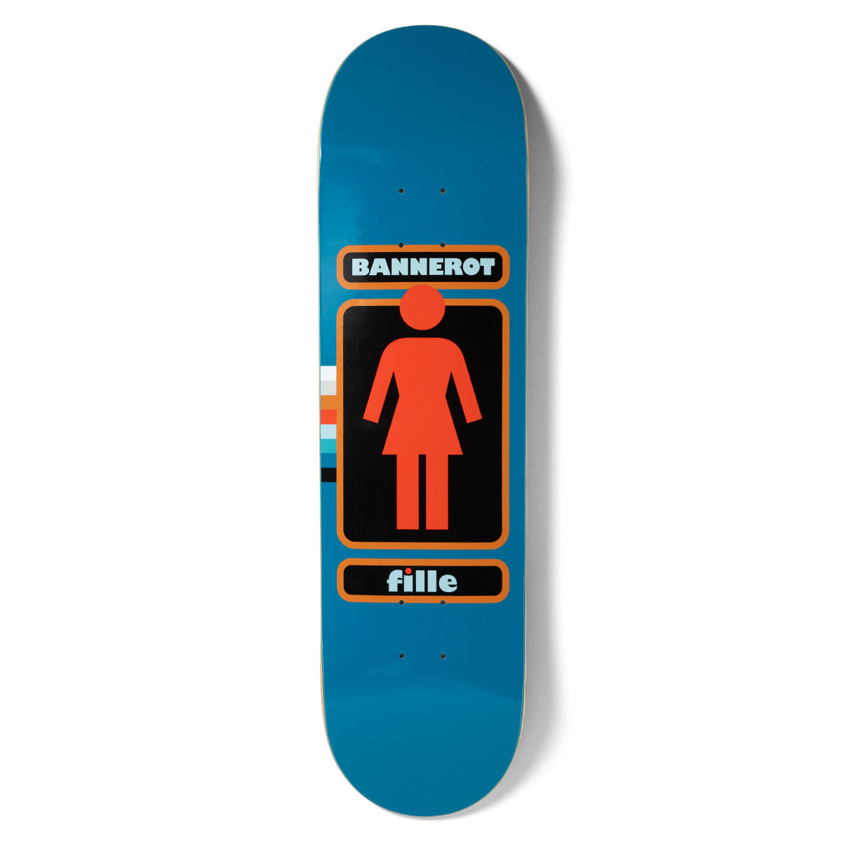 Girl Bannerot 93 Til Pop Secret skateboard deck: The Girl logo, an orange female figure in a black rounded panel with orange border, on a teal blue deck. A rider name panel sits above and a fille panel below, with retro stripes on the left edge.