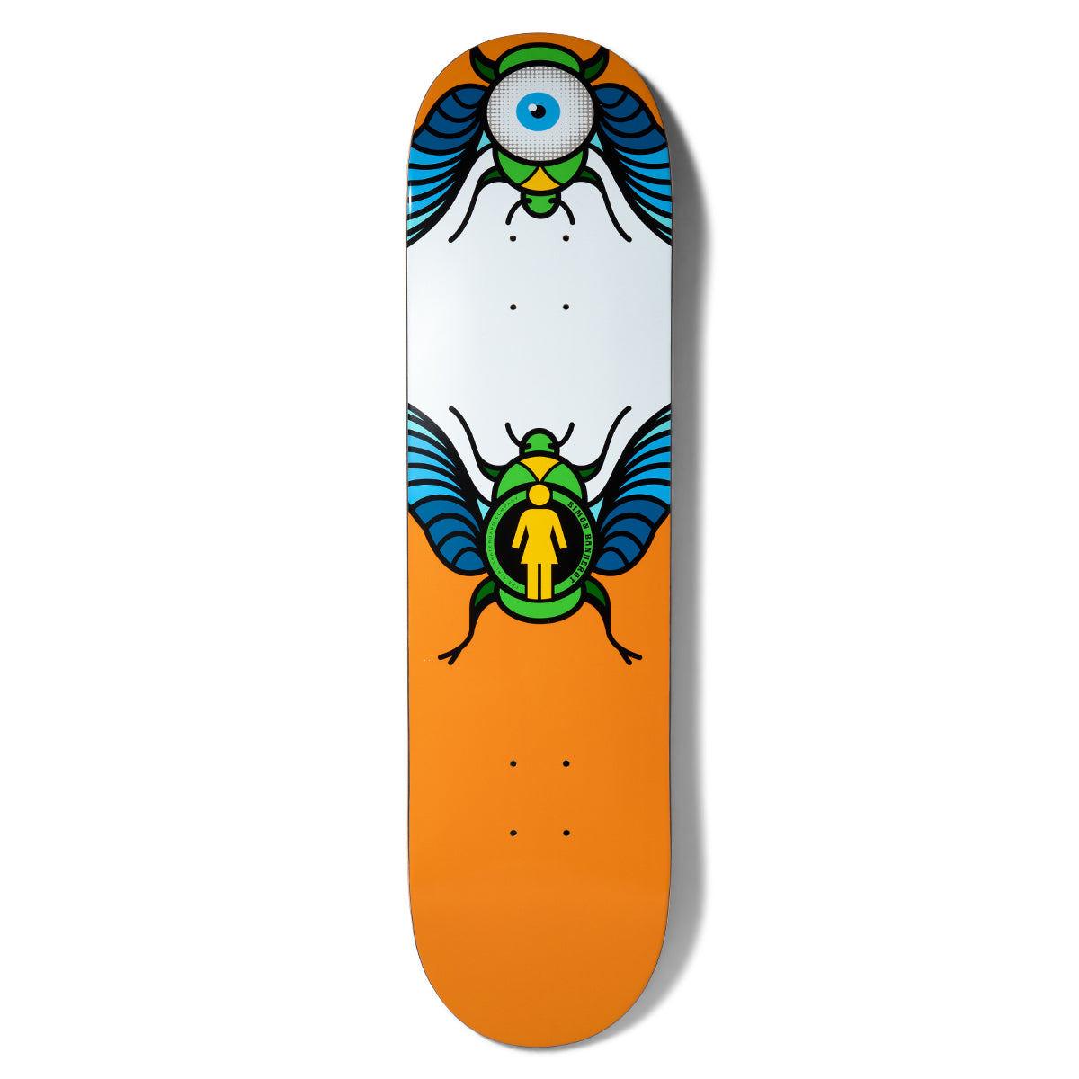 Girl Bannerot Beetle Bum skateboard deck: Two mirrored, stylised green beetles with blue wings, one with a large blue eyeball for a head and the other showing the Girl logo on its back, on an orange and white split deck.