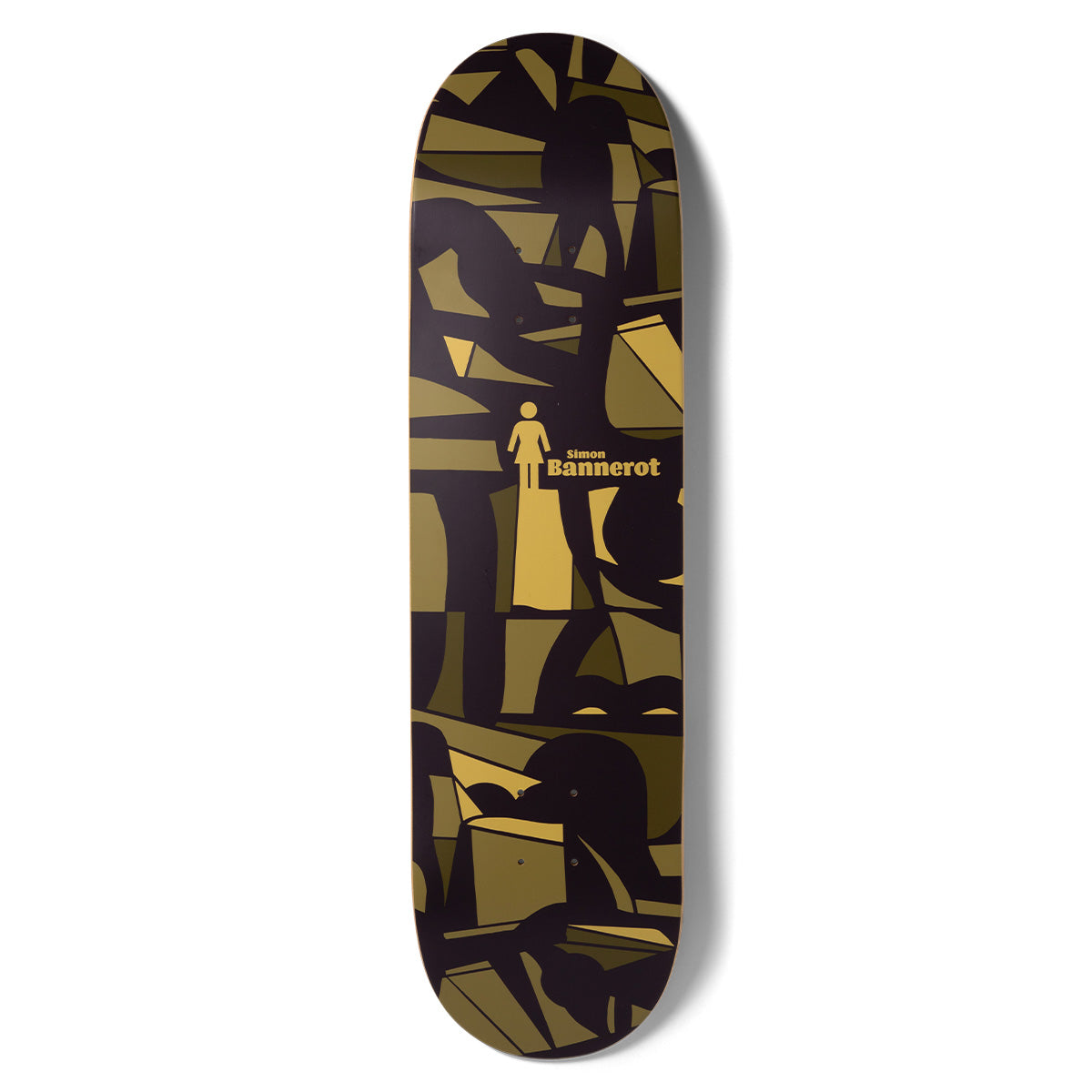 Girl Bannerot Dialog skateboard deck: Abstract collage of overlapping angular shapes in gold, olive and dark brown, suggesting reclining figures and furniture, with the Girl logo and 'Simon Bannerot' text on a gold figure in the centre.