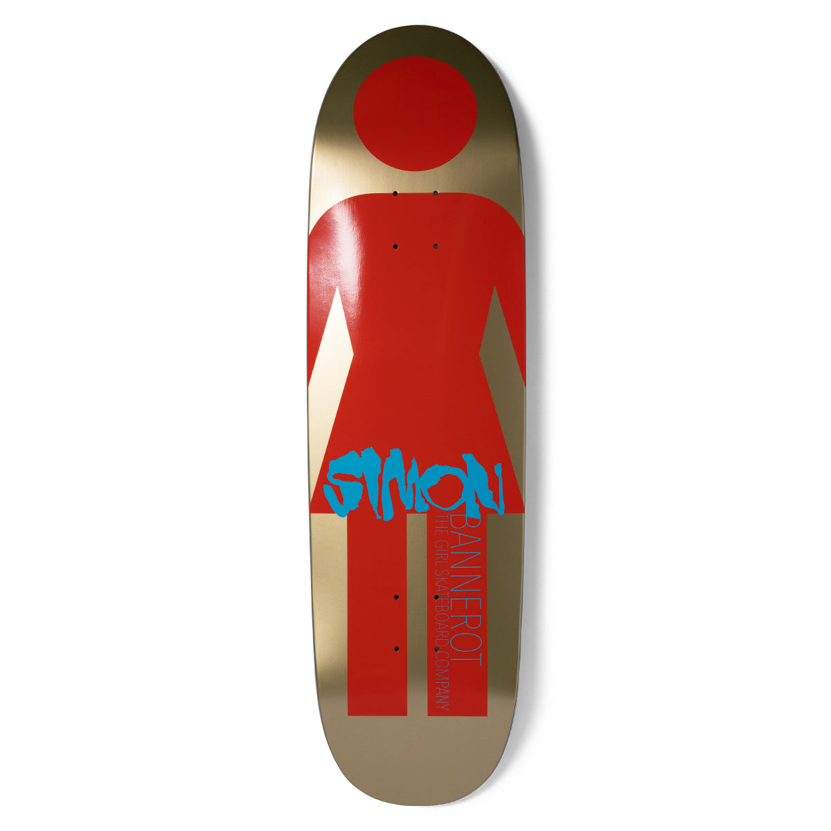 Girl Bannerot Giant Metal OG Loveseat Plus skateboard deck: A giant red Girl logo figure fills a metallic gold deck, with Simon in blue brush lettering across the skirt and Bannerot, The Girl Skateboard Company in thin red text down the leg.