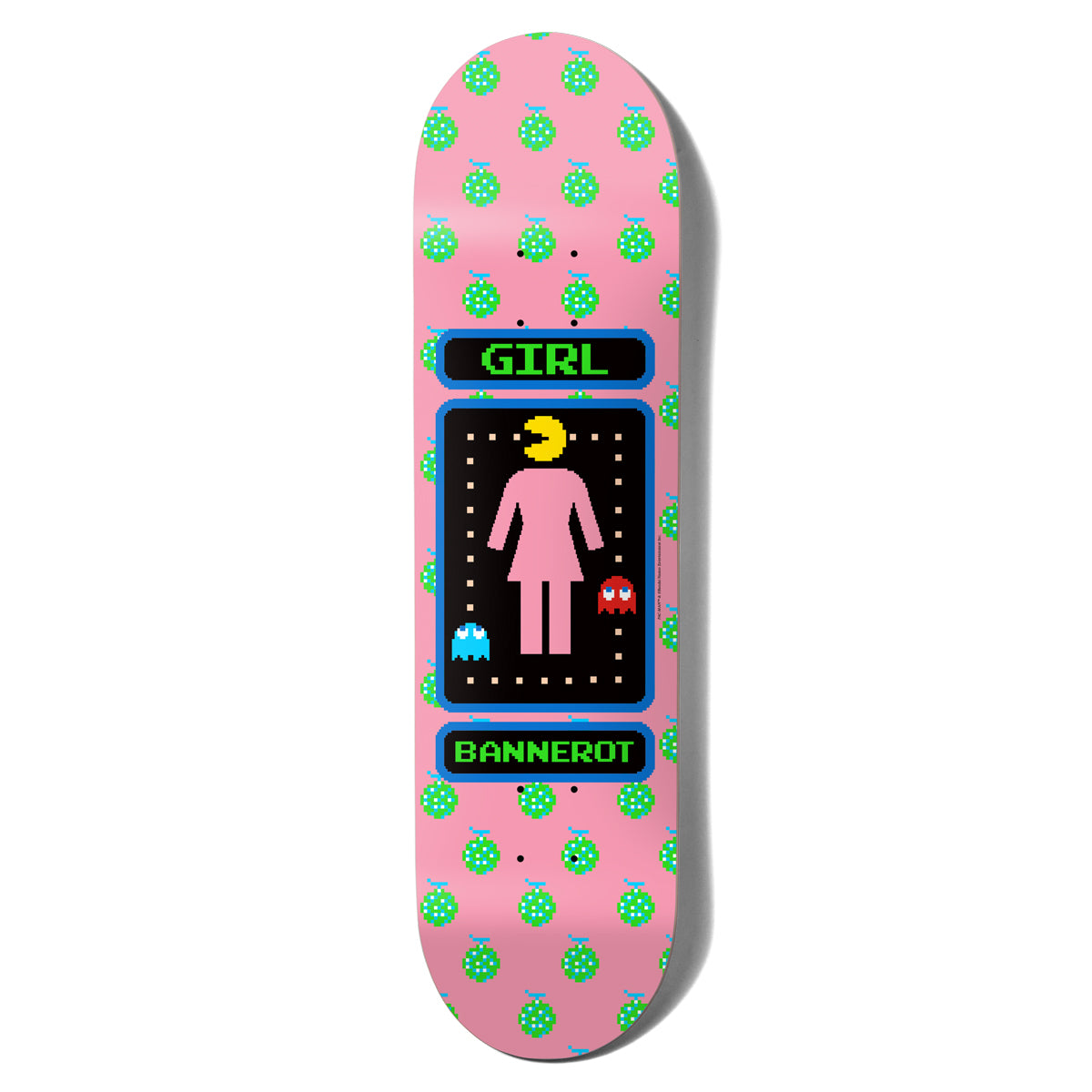 Girl Bannerot Pac - Man skateboard deck: A Pac-Man-style arcade screen holding the pink Girl logo figure, with yellow Pac-Man and two ghosts, framed by green pixel GIRL and BANNEROT labels, on a pink deck with a pattern of green pixel fruit.
