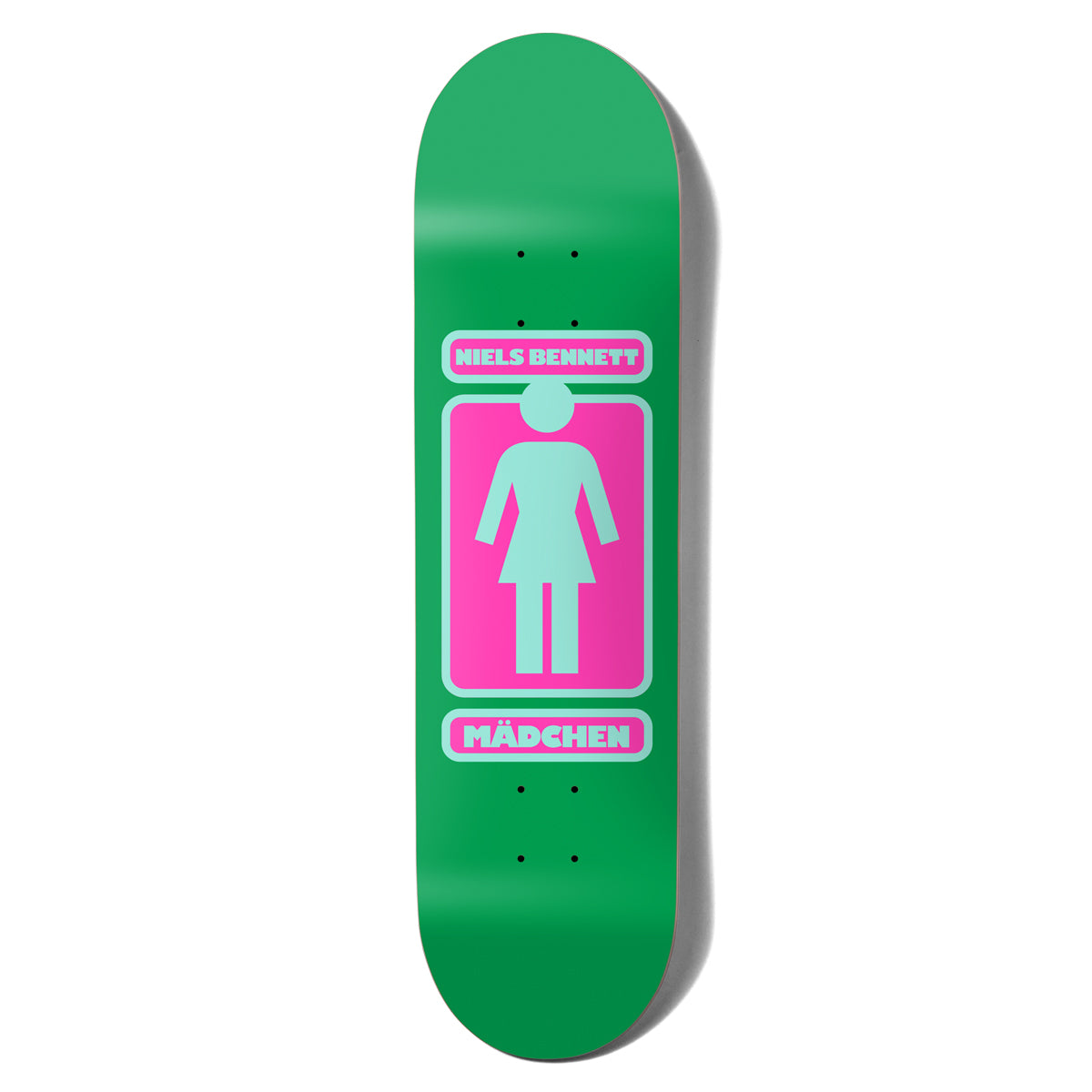 Girl Bennett 93 Til Pop Secret skateboard deck: Green deck with the Girl logo, a mint-coloured female figure on a pink rounded panel. Mint-and-pink label plates above and below carry the rider name and the word Mädchen.