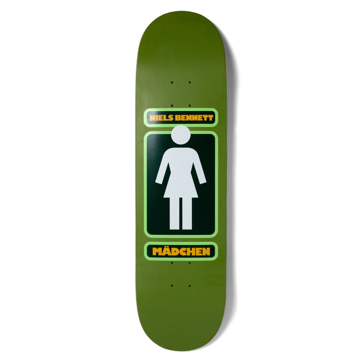 Girl Bennett 93 Til skateboard deck: Girl's Big Girl pictogram, a white female figure in a dark green panel with lime borders, with a Niels Bennett name plate above and Madchen plate below, on an olive green deck.