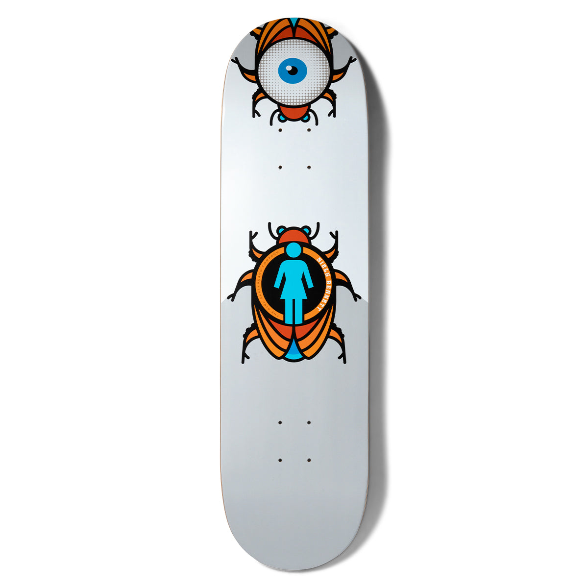Girl Bennett Beetle Bum skateboard deck: Two orange and black scarab beetles on a silvery white deck: one at the nose with a big blue eyeball as its body, the other carrying the blue Girl pictogram in a black circle on its back.