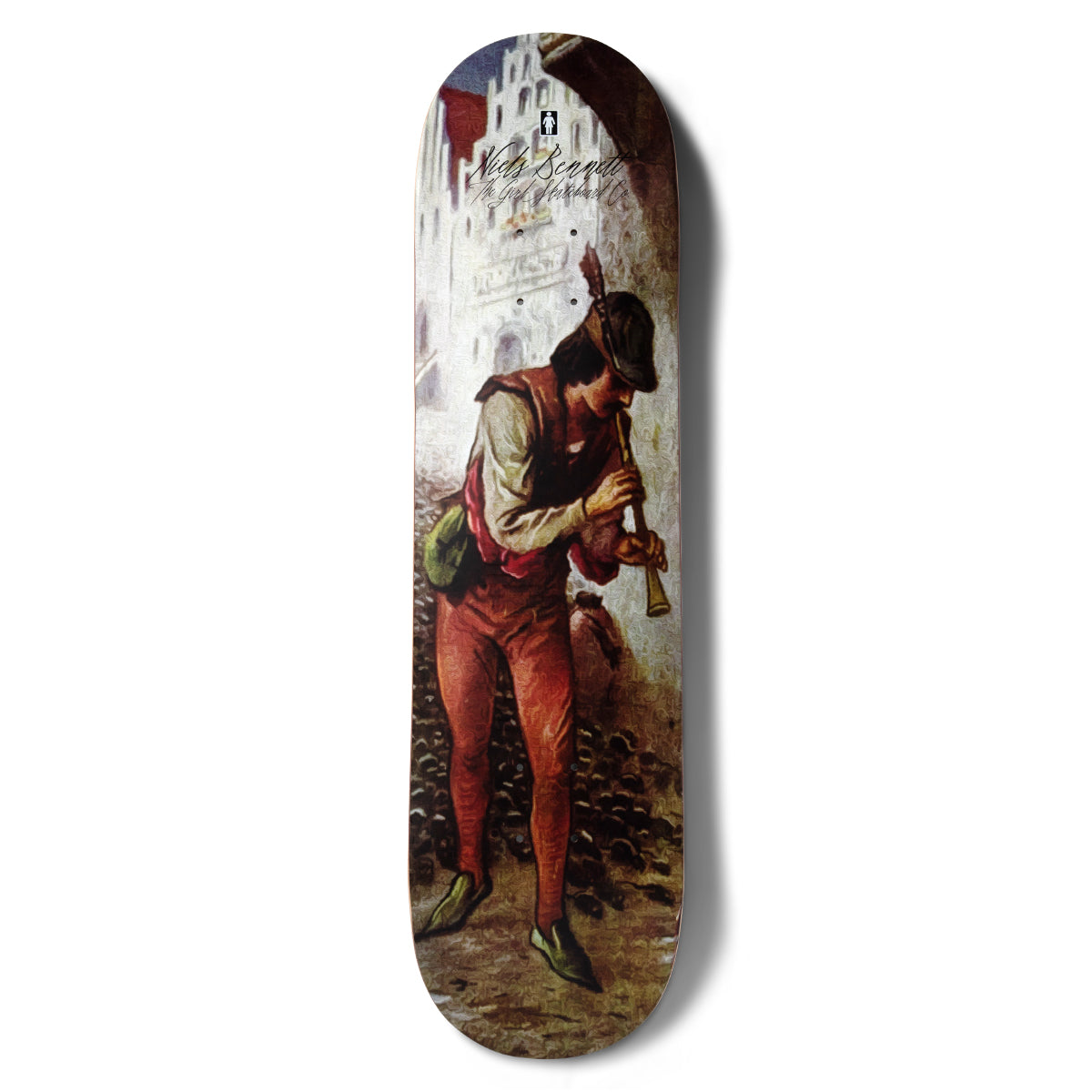 Girl Bennett Piper skateboard deck: Painting of the Pied Piper in red tights and a feathered cap playing a pipe through a medieval town street, with rats at his feet and gabled buildings behind. Niels Bennett script and small Girl logo at the nose.