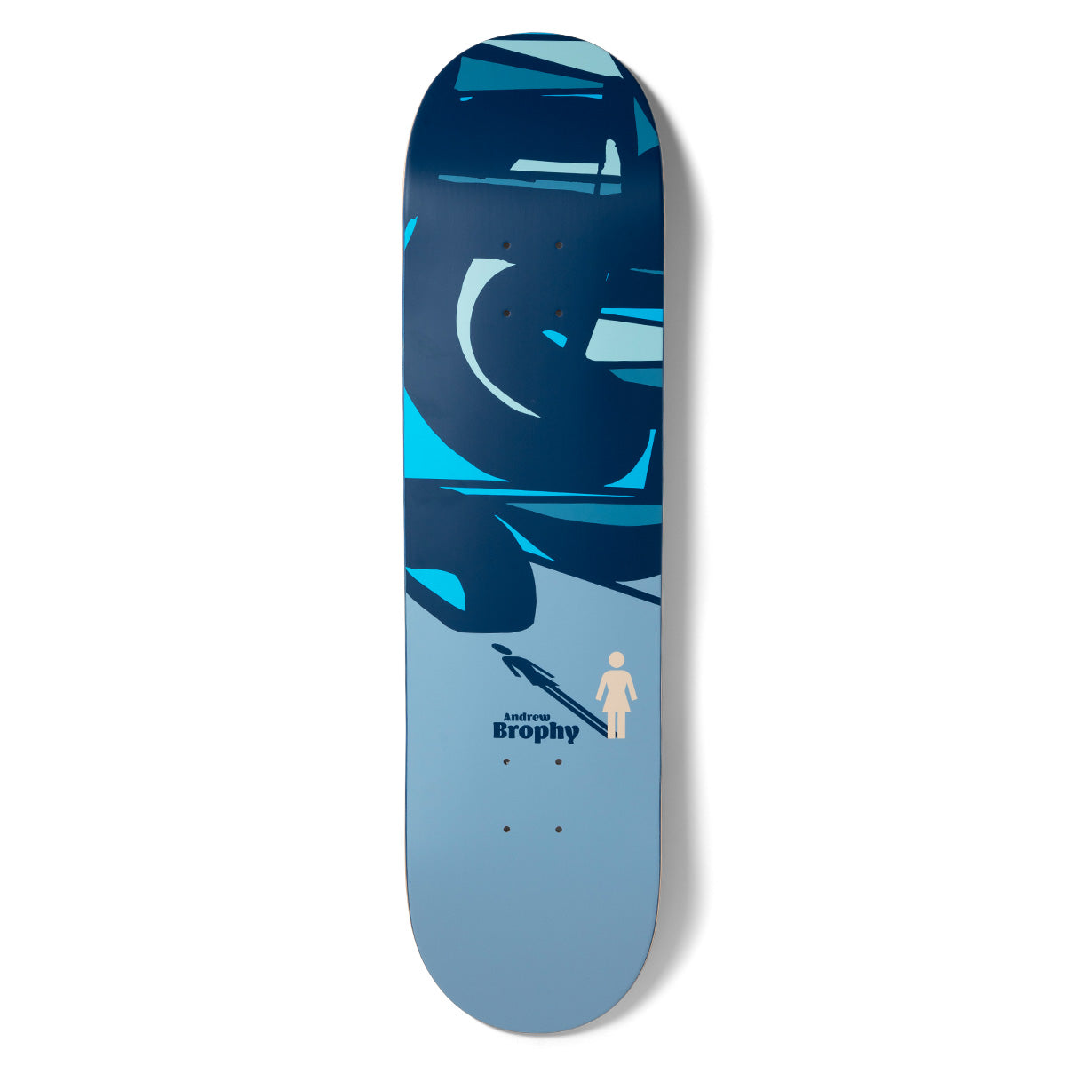 Girl Brophy Dialog skateboard deck: Abstract blue shapes and crescent forms in dark and light blue over the top two thirds, with a pale blue lower area holding a small Girl figure logo, a long shadow of a person and the name Andrew Brophy.