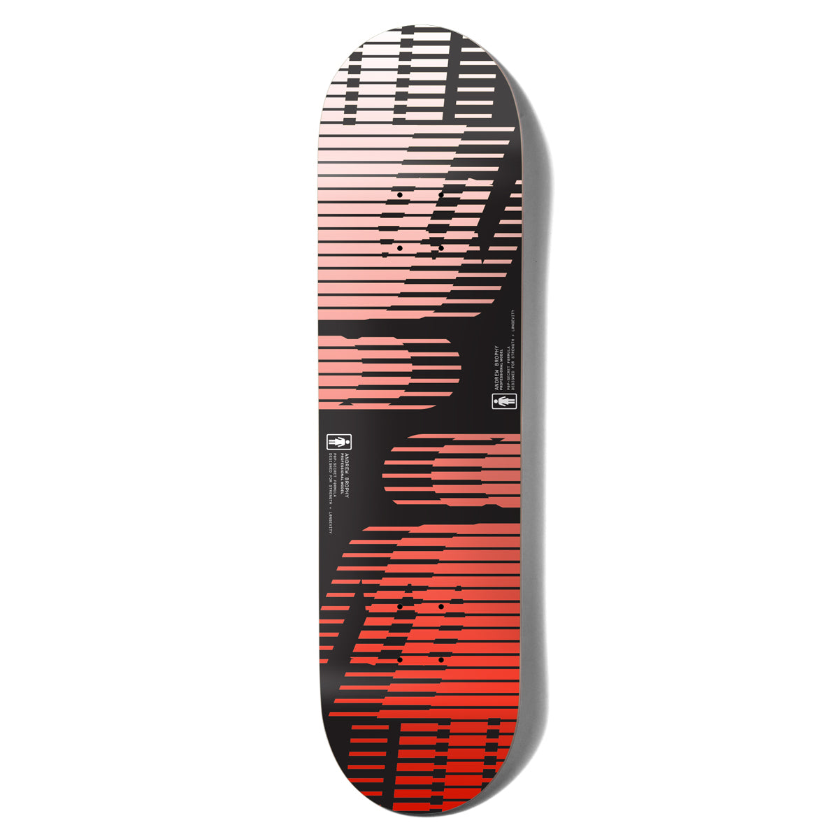 Girl Brophy Hero Pop Secret skateboard deck: Large abstract letterforms broken into horizontal stripes, fading from white at the top through pink to red at the bottom, on black. Two small Girl logo panels with fine print sit mid-deck.