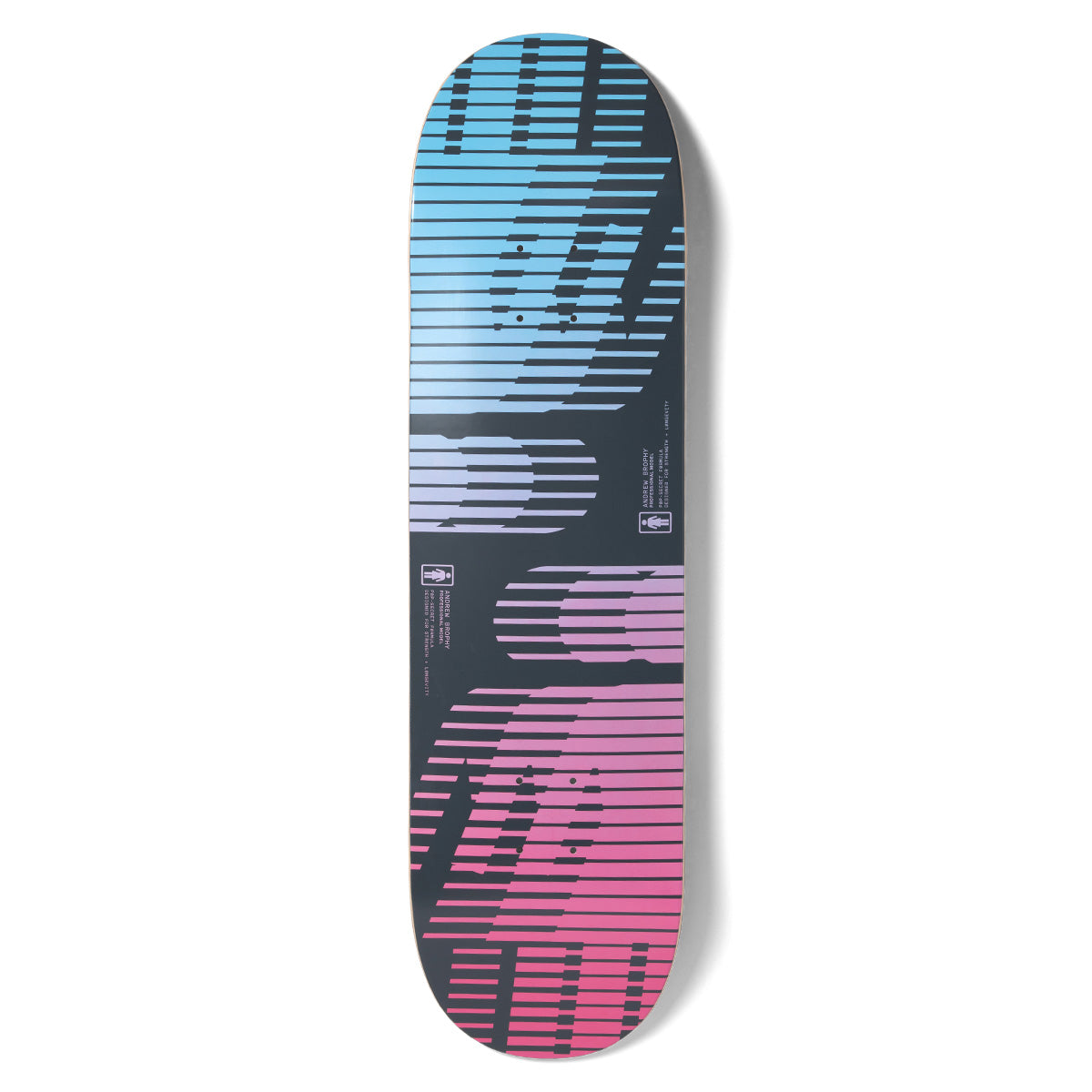 Girl Brophy Pop Hero Twin Tip Pop Secret skateboard deck: Large abstract Girl logo shapes cut by horizontal stripes, fading from blue at the top through lilac to pink at the bottom on a dark charcoal deck, with two small Girl logo stickers and tiny text in the middle.