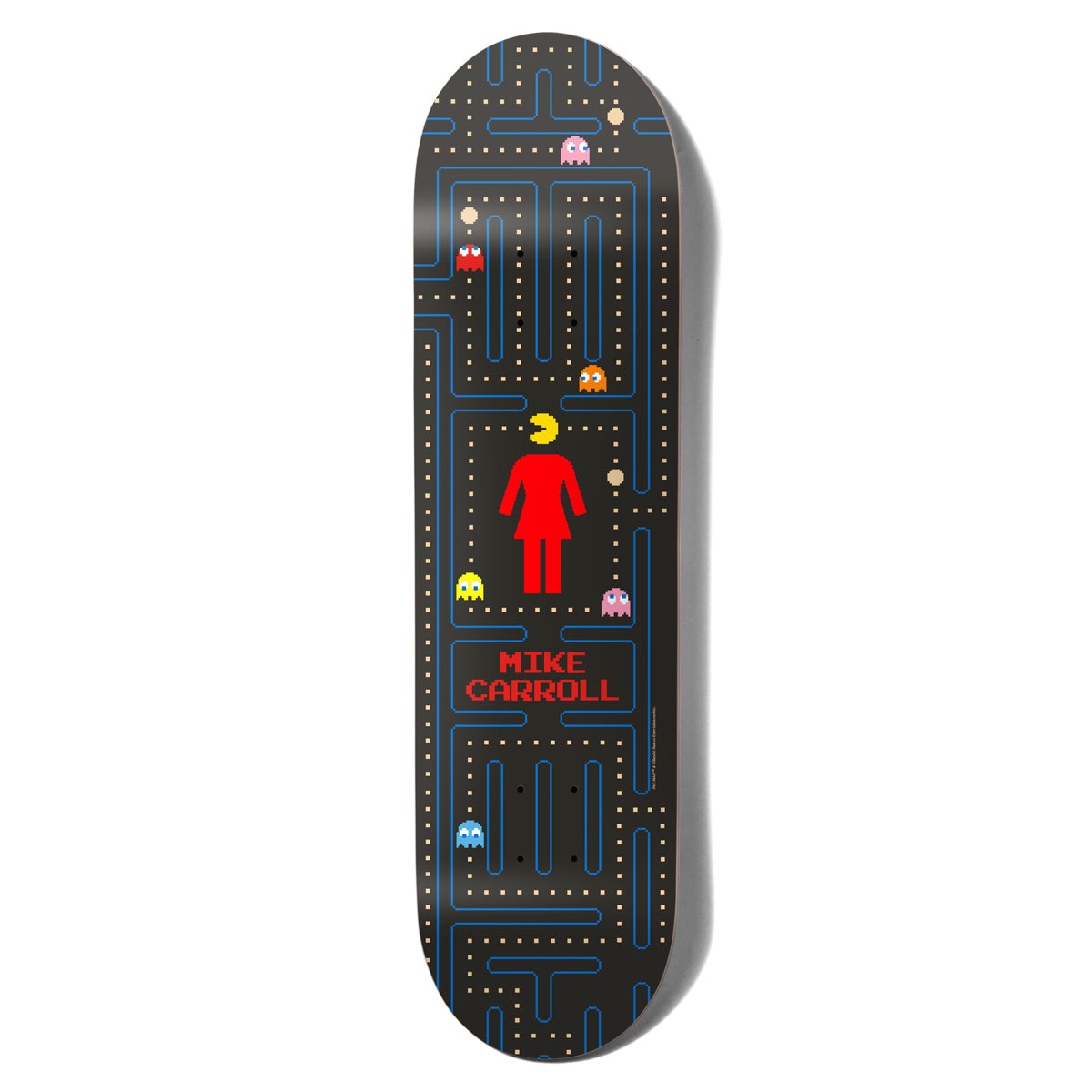 Girl Carroll Pac - Man skateboard deck: The red Girl logo figure with a Pac-Man head stands in a Pac-Man maze of blue walls and dots, chased by coloured ghosts, with a red pixel 'Mike Carroll' label beneath on a black board.