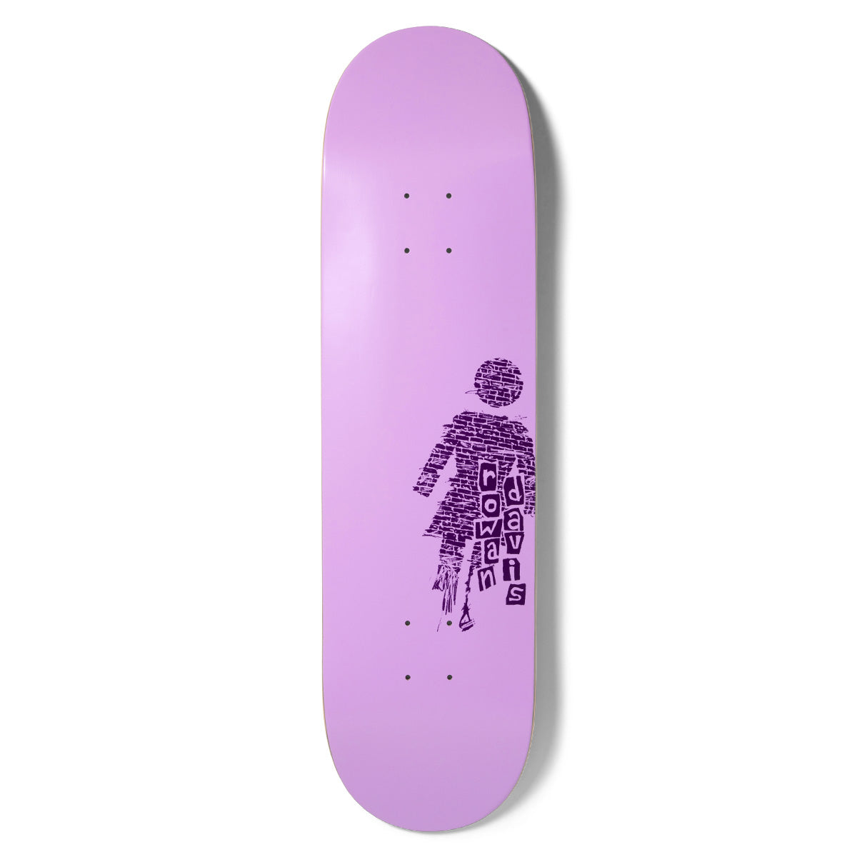 Girl Davis Bricked skateboard deck: The Girl logo figure drawn as a brick wall in dark purple, with the rider name in cut-out letters down its side, on a plain lilac deck.