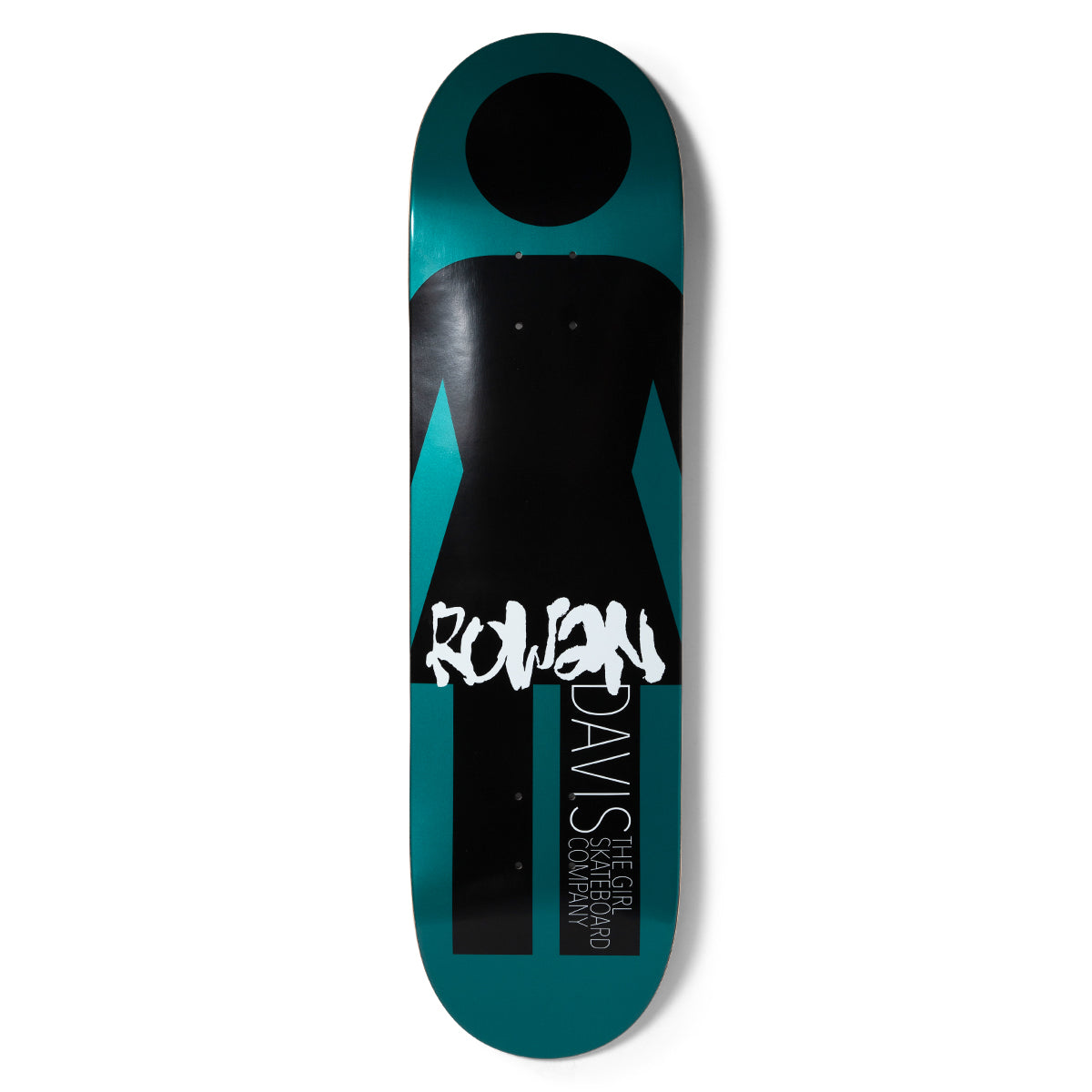 Girl Davis Giant Metal OG skateboard deck: Teal deck with an oversized black Girl logo figure filling most of the board. Rider name in white brush lettering crosses the skirt, with vertical text reading The Girl Skateboard Company down the legs.